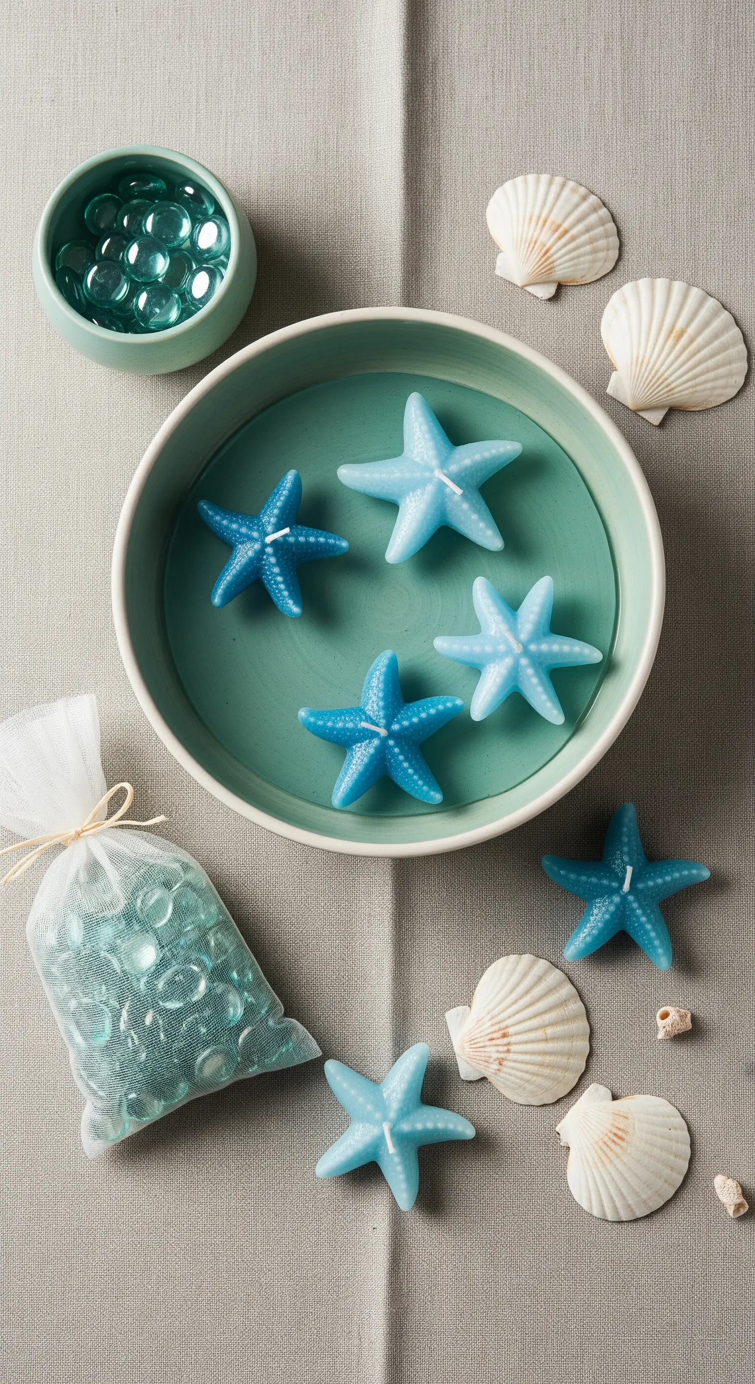 Candele blu a forma di stella marina in una ciotola verde acqua, con conchiglie sparse.