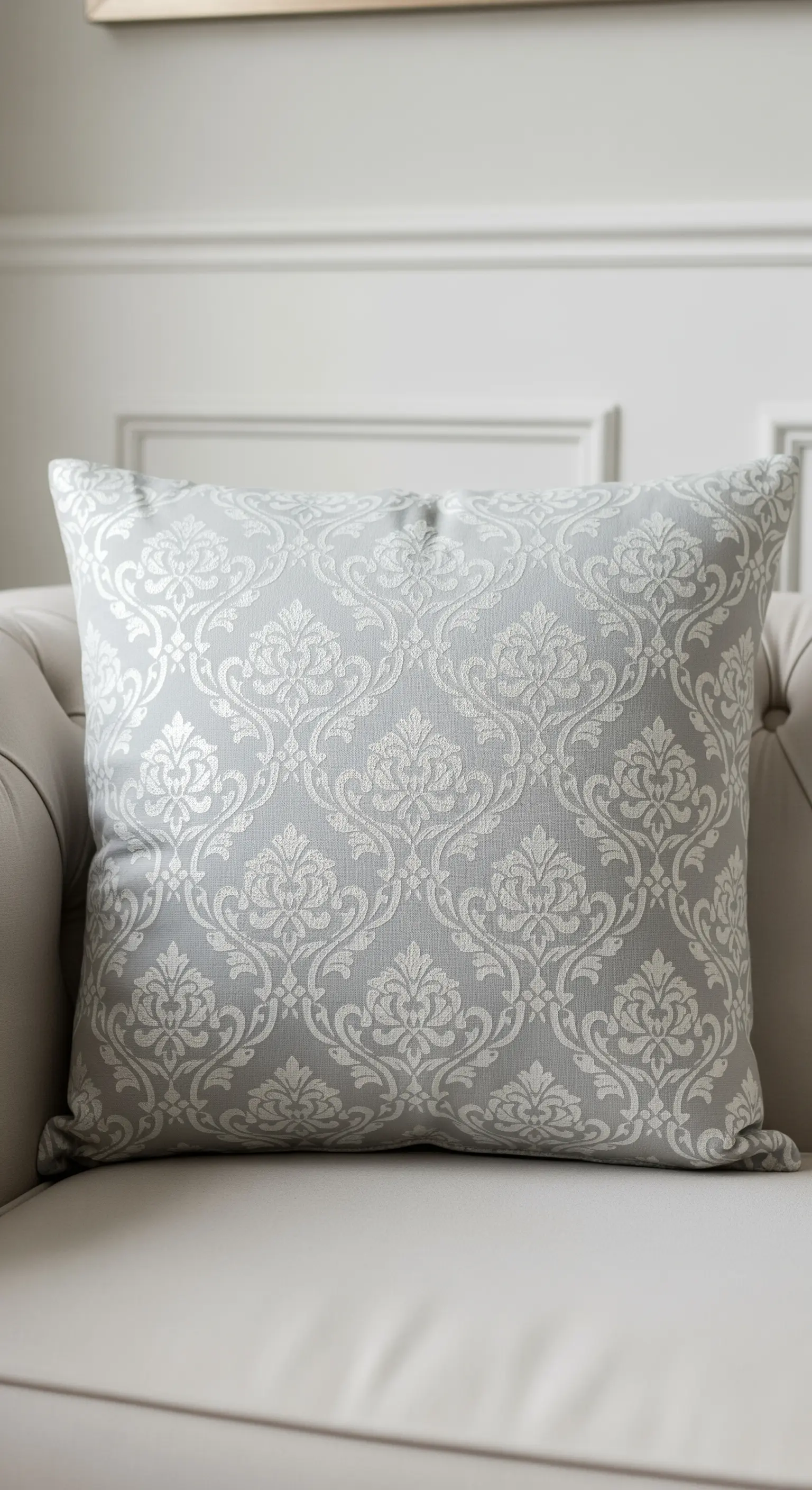 Cuscino grigio chiaro con un motivo damascato stampato in bianco, per un effetto tono su tono.
