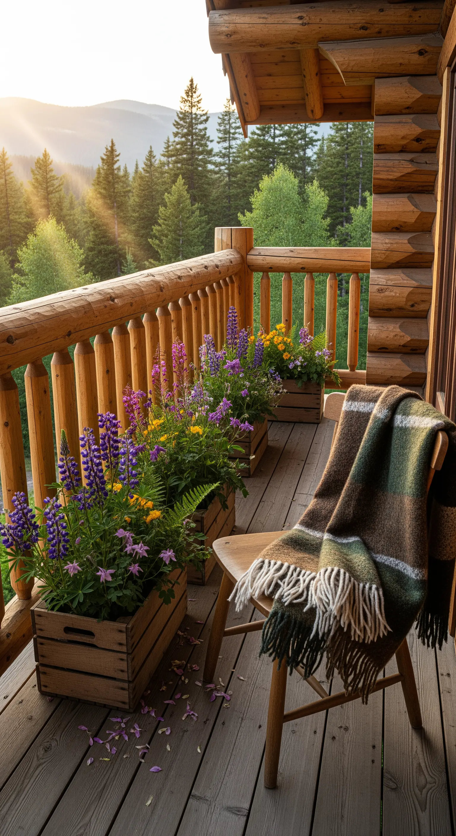 Balcone di una baita in legno con fioriere rustiche piene di lupini e una coperta plaid.
