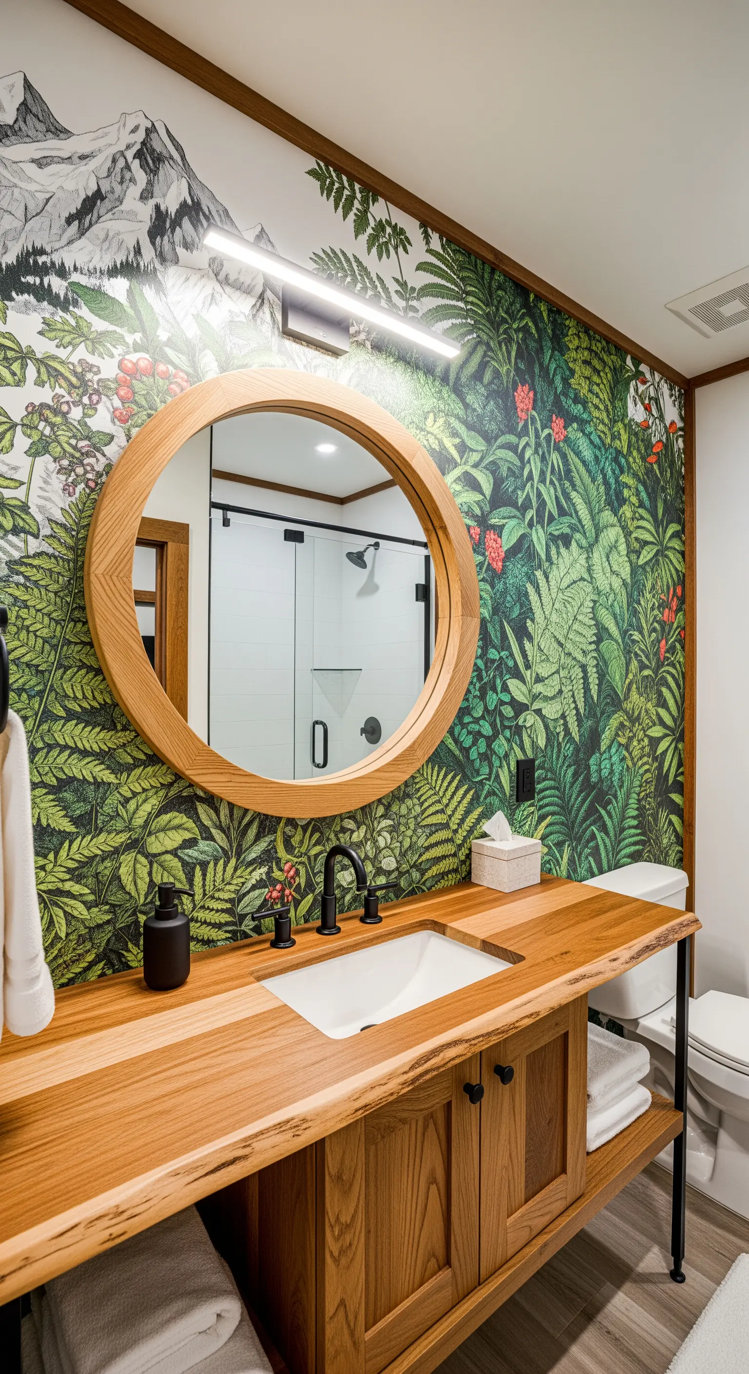 Bagno con murale di felci e montagne e un grande top in legno massiccio.