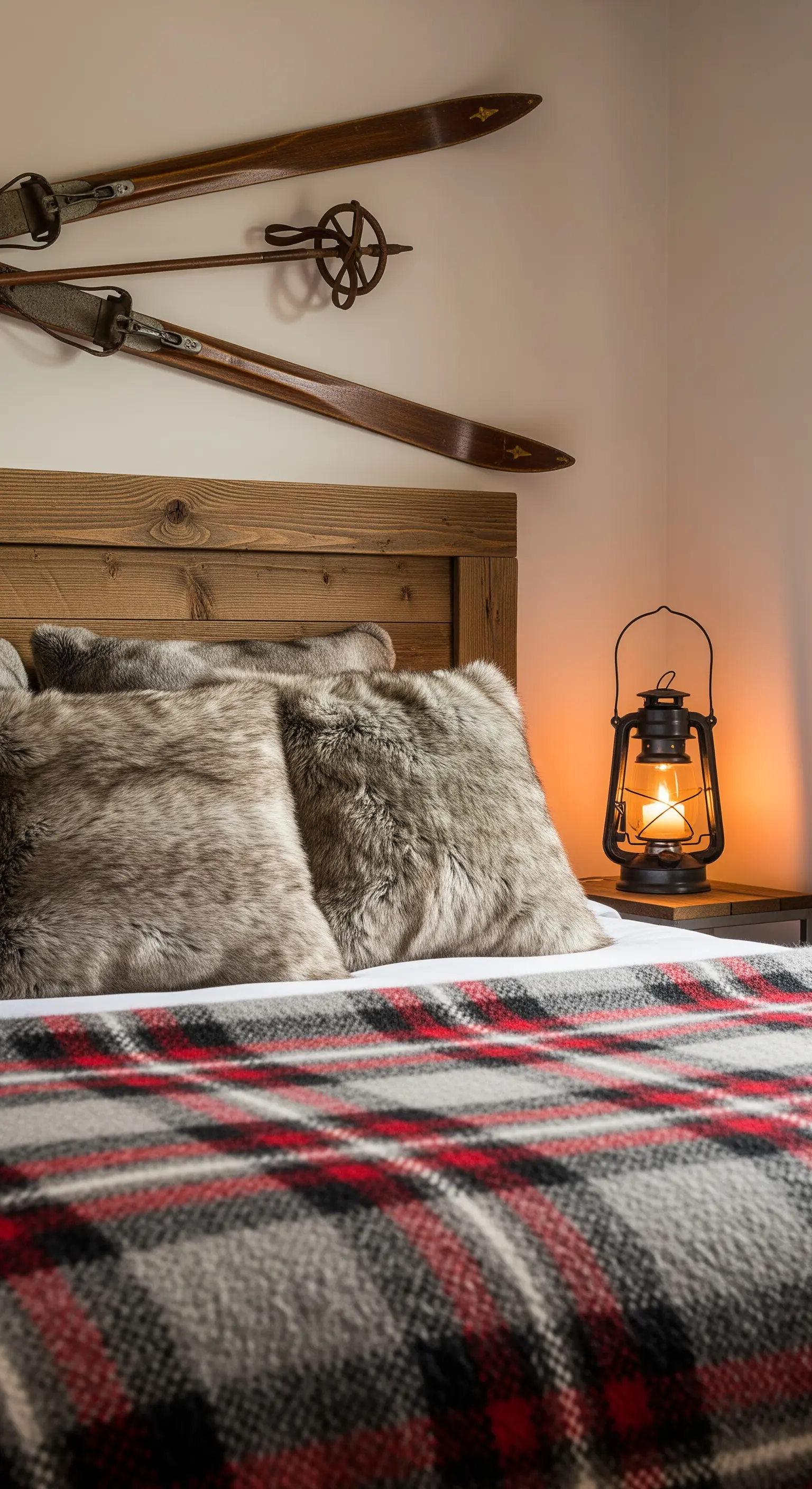 Letto con testiera in legno, cuscini in pelliccia sintetica e sci d'epoca appesi al muro.