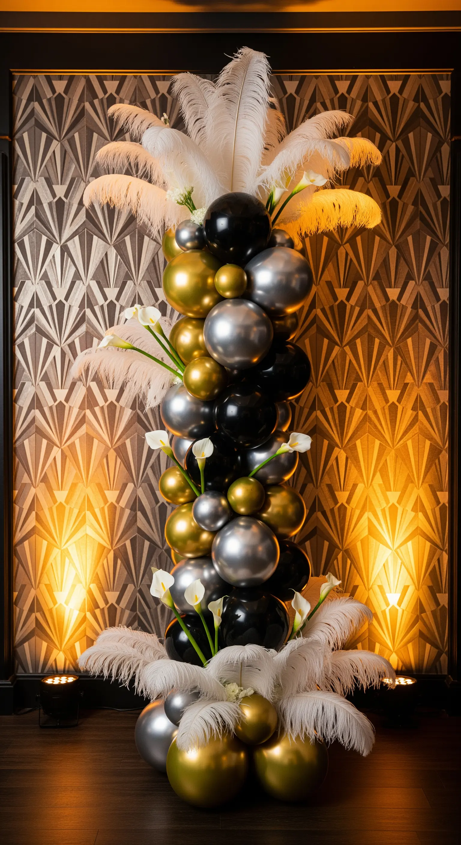 Colonna di palloncini nero, argento e oro con piume di struzzo e calle bianche, in stile Art Déco.