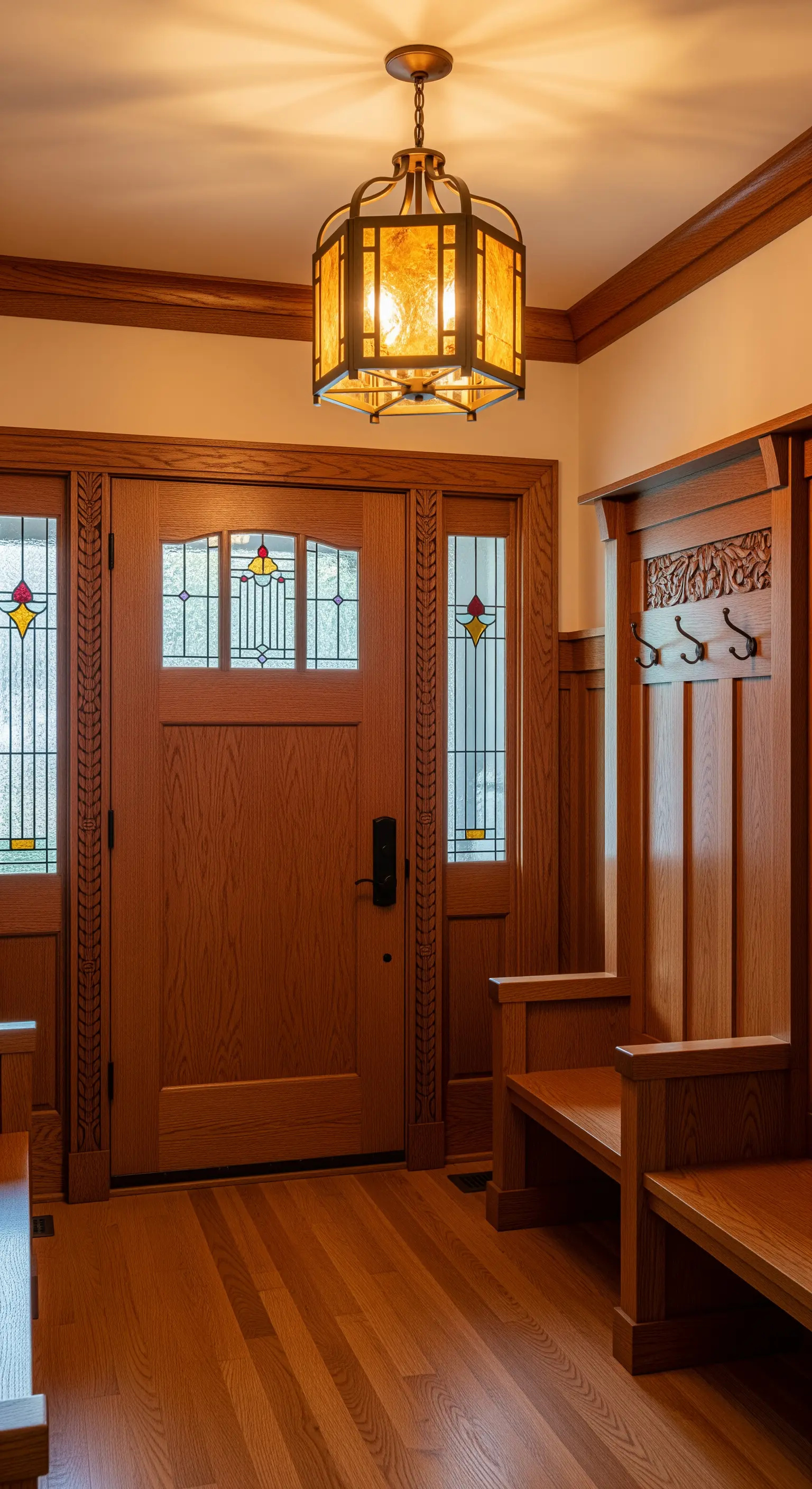 Ingresso in stile Arts and Crafts con porta in rovere, vetri piombati e boiserie coordinata.