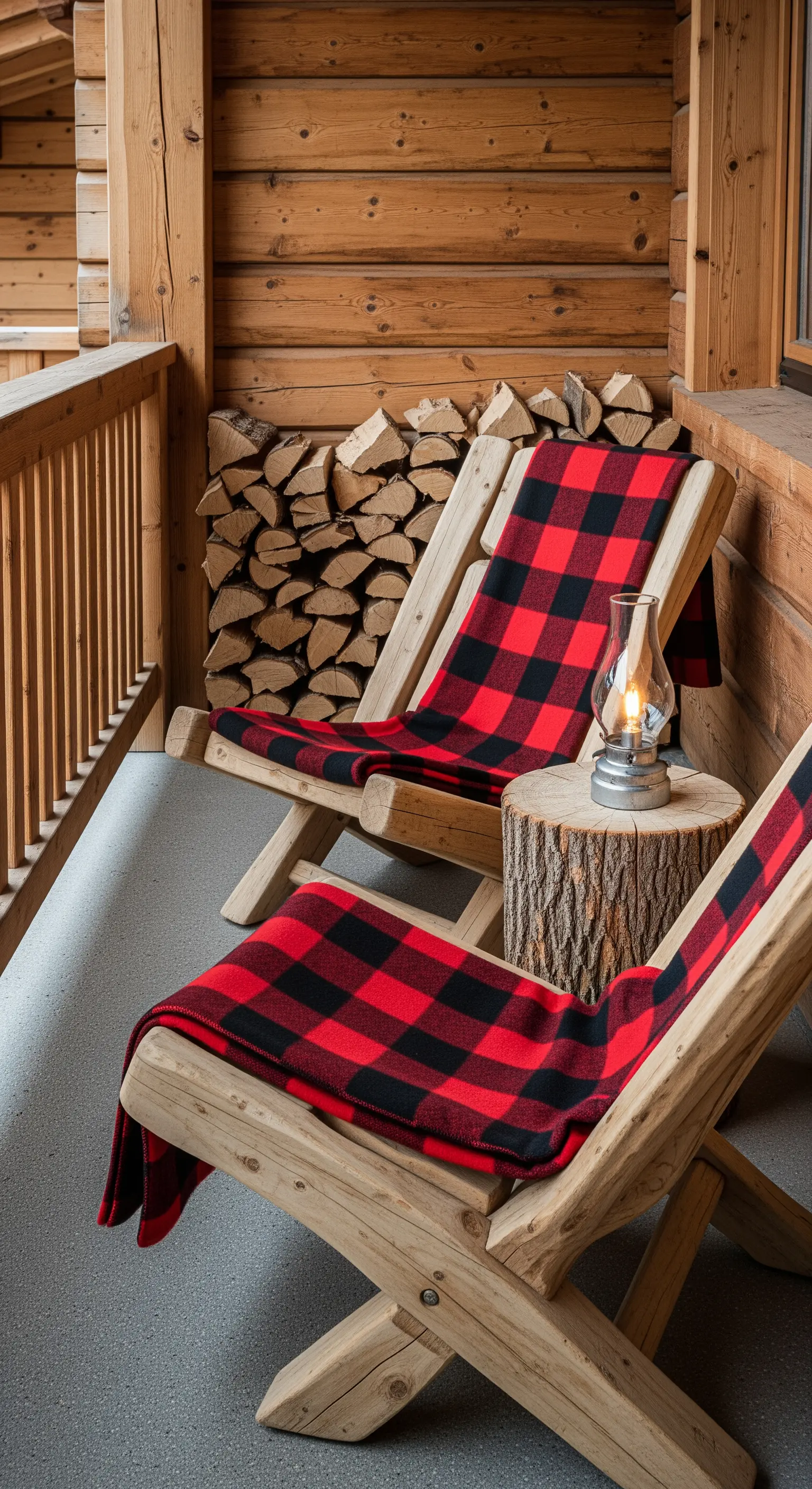 Sedie in legno rustico con coperte a quadri rossi e neri su un balcone in legno.