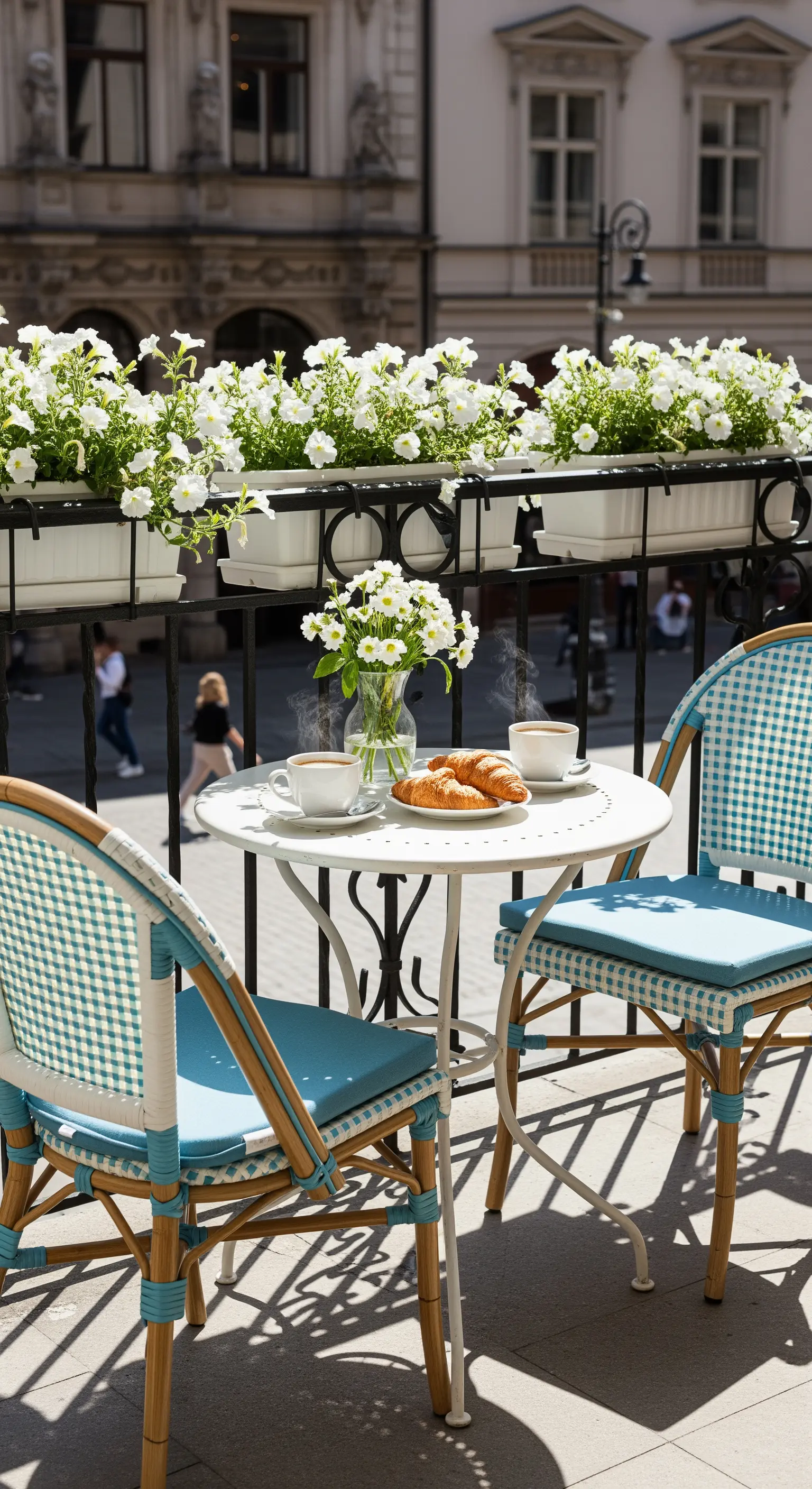 Sedie da bistrò parigino con motivo a quadri bianco e azzurro su un balcone cittadino.