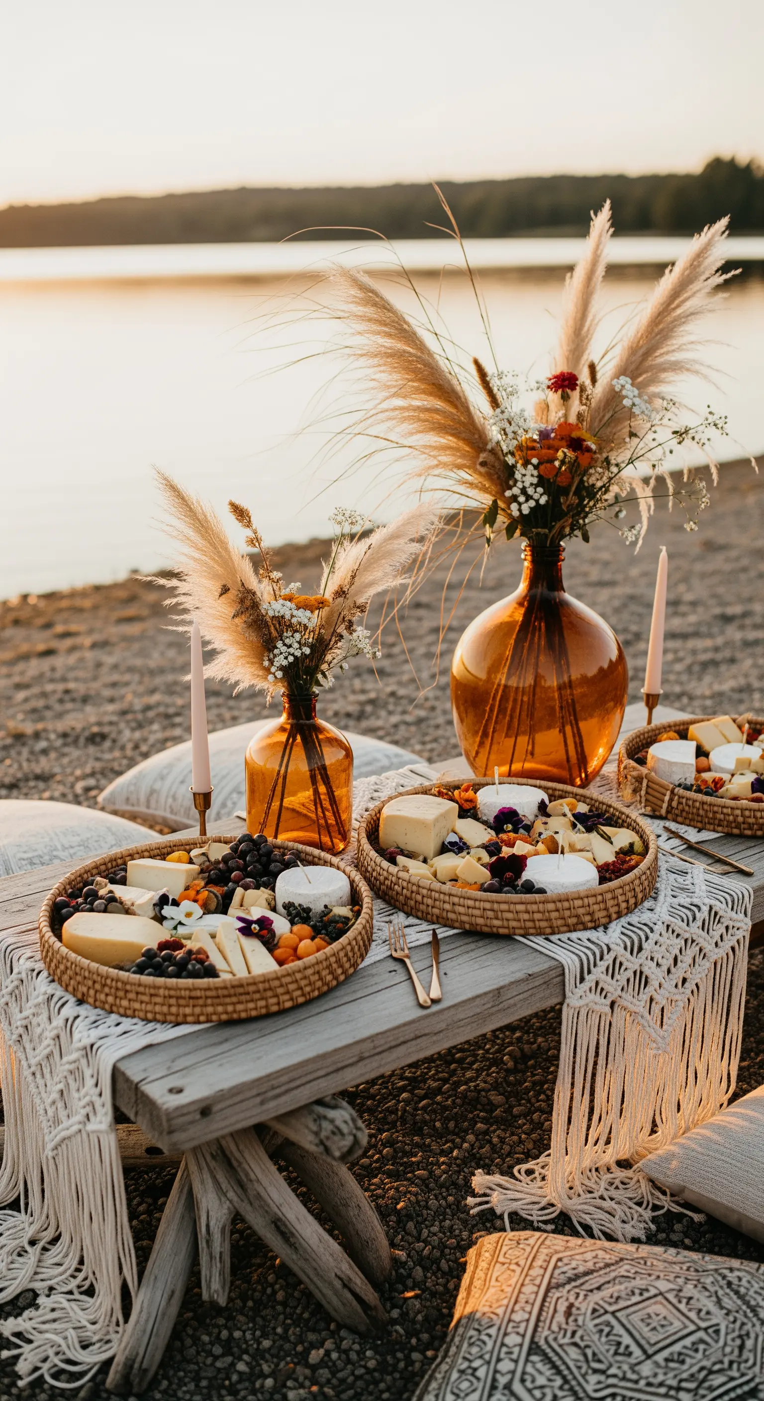 Allestimento bohémien basso con formaggi, cuscini a terra e decorazioni in macramè sulla spiaggia.