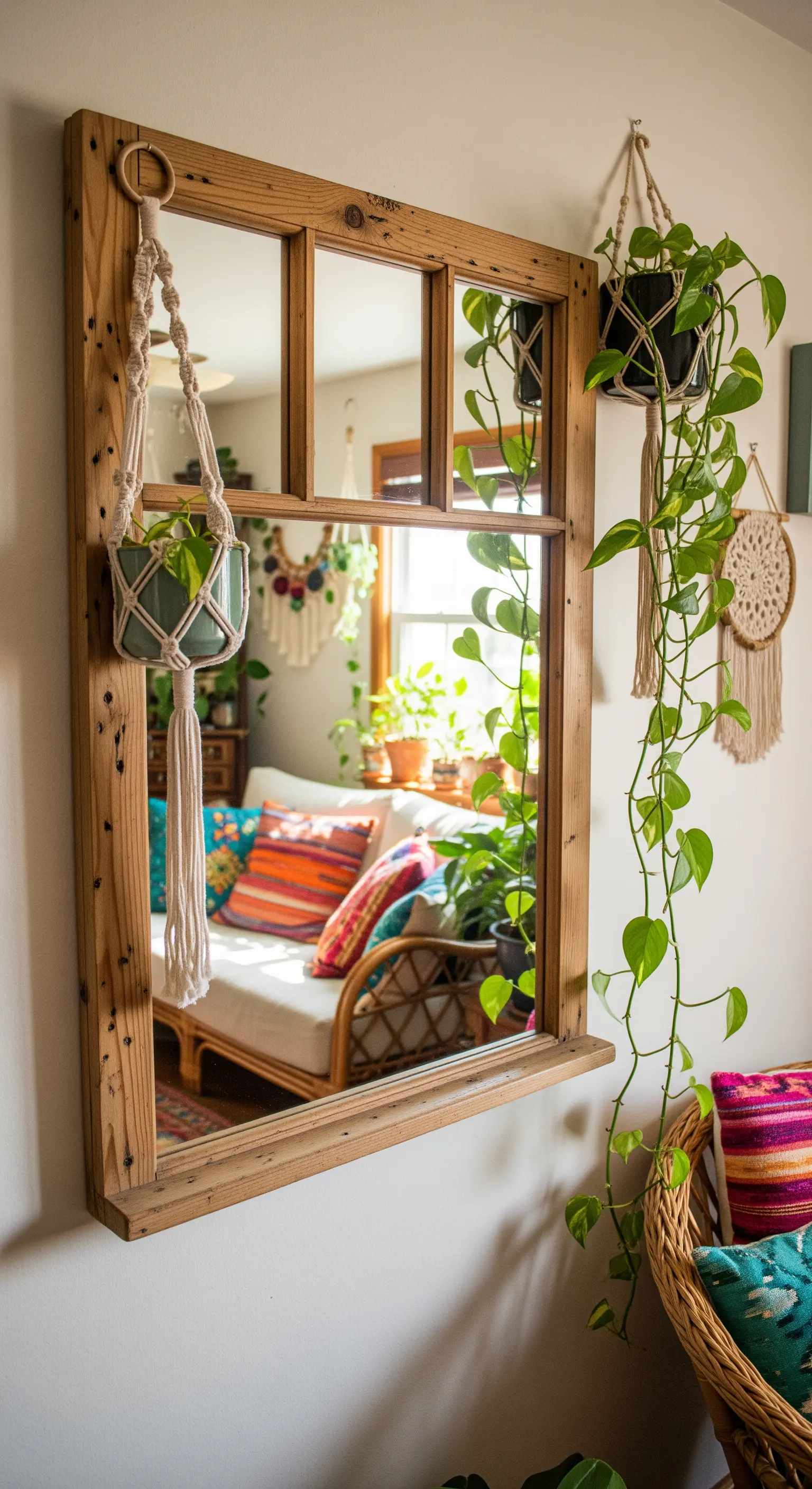 Specchio in legno naturale con piante appese in vasi di macramè.