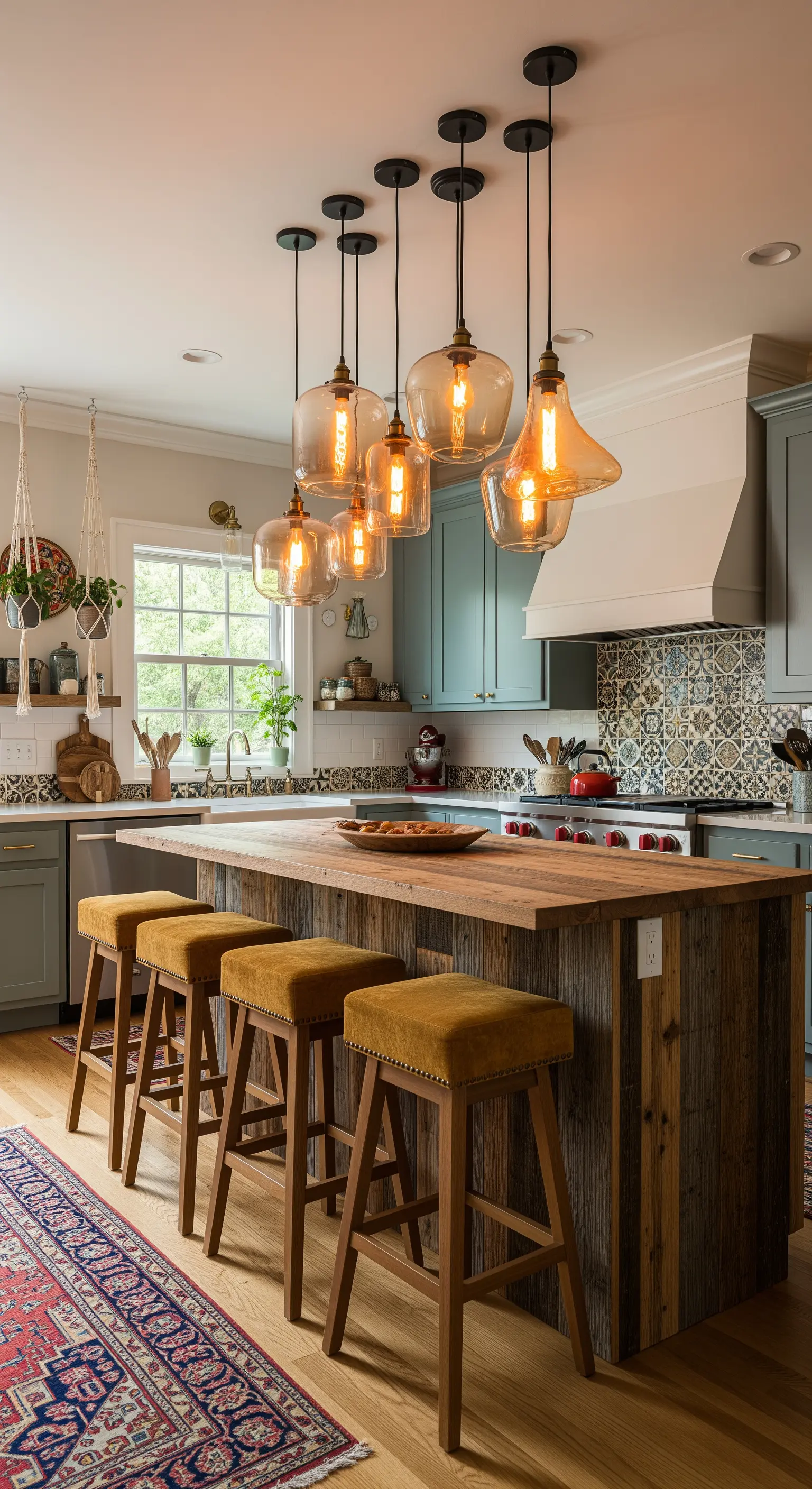 Cucina rustica-bohémien con penisola in legno di recupero e sgabelli color senape