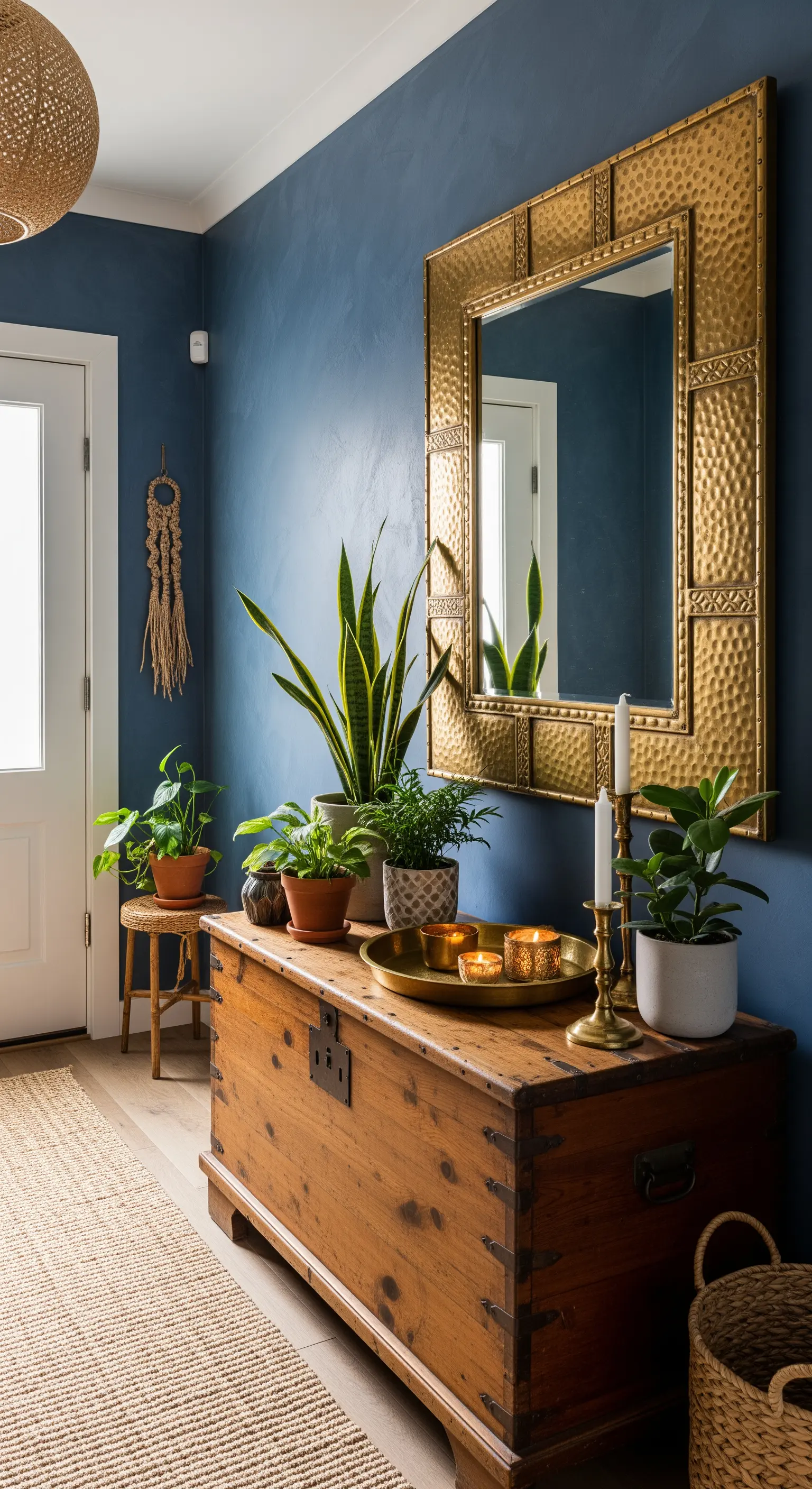 Parete blu spatolato con specchio in ottone martellato e baule in legno come consolle.