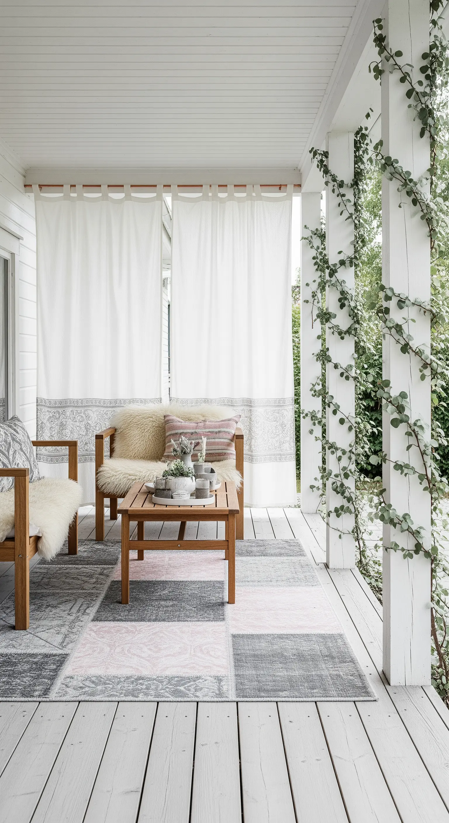 Portico bianco in stile scandinavo con arredi in legno, pelli sintetiche e tappeto patchwork grigio e rosa.