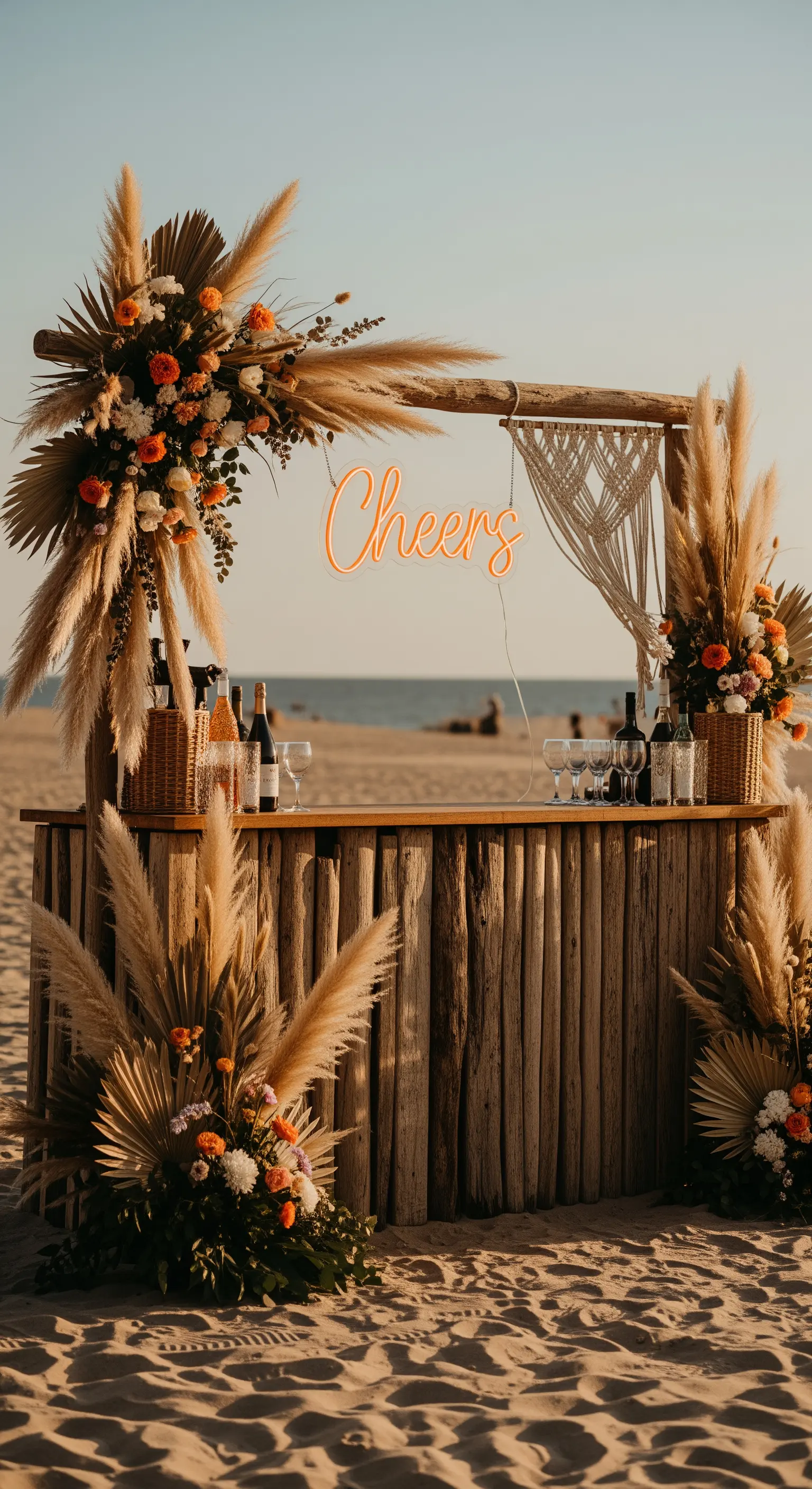 Bar in legno sulla spiaggia con pampas, palme secche e insegna 