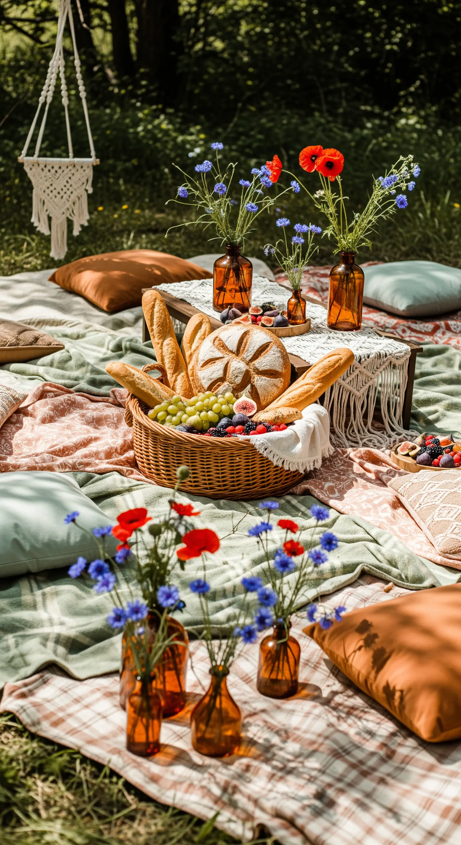 Picnic bohémien con coperte sovrapposte, cuscini colorati e fiori in bottiglie ambrate
