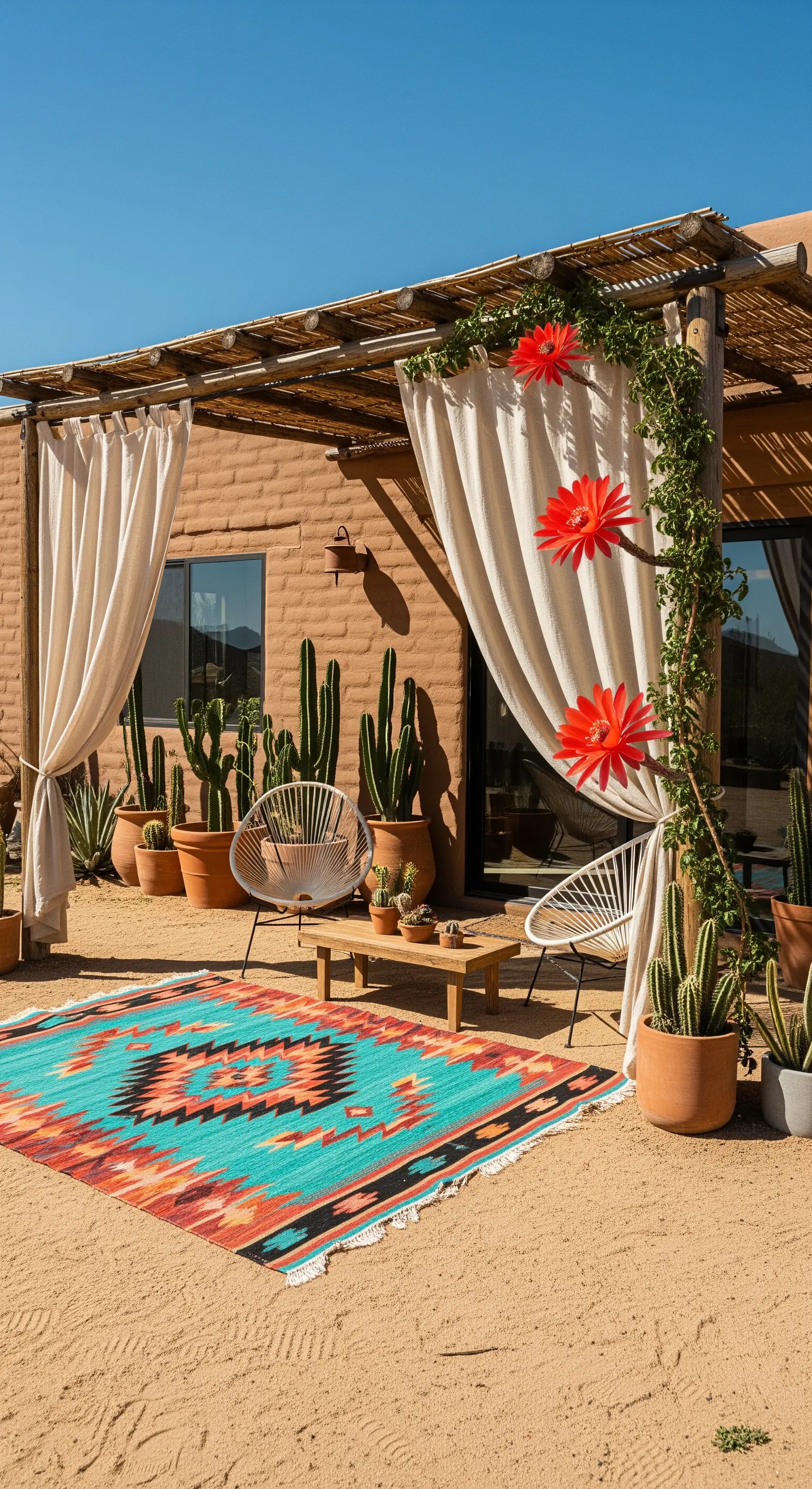 Patio in stile desertico con tappeto geometrico, tende di lino e cactus.