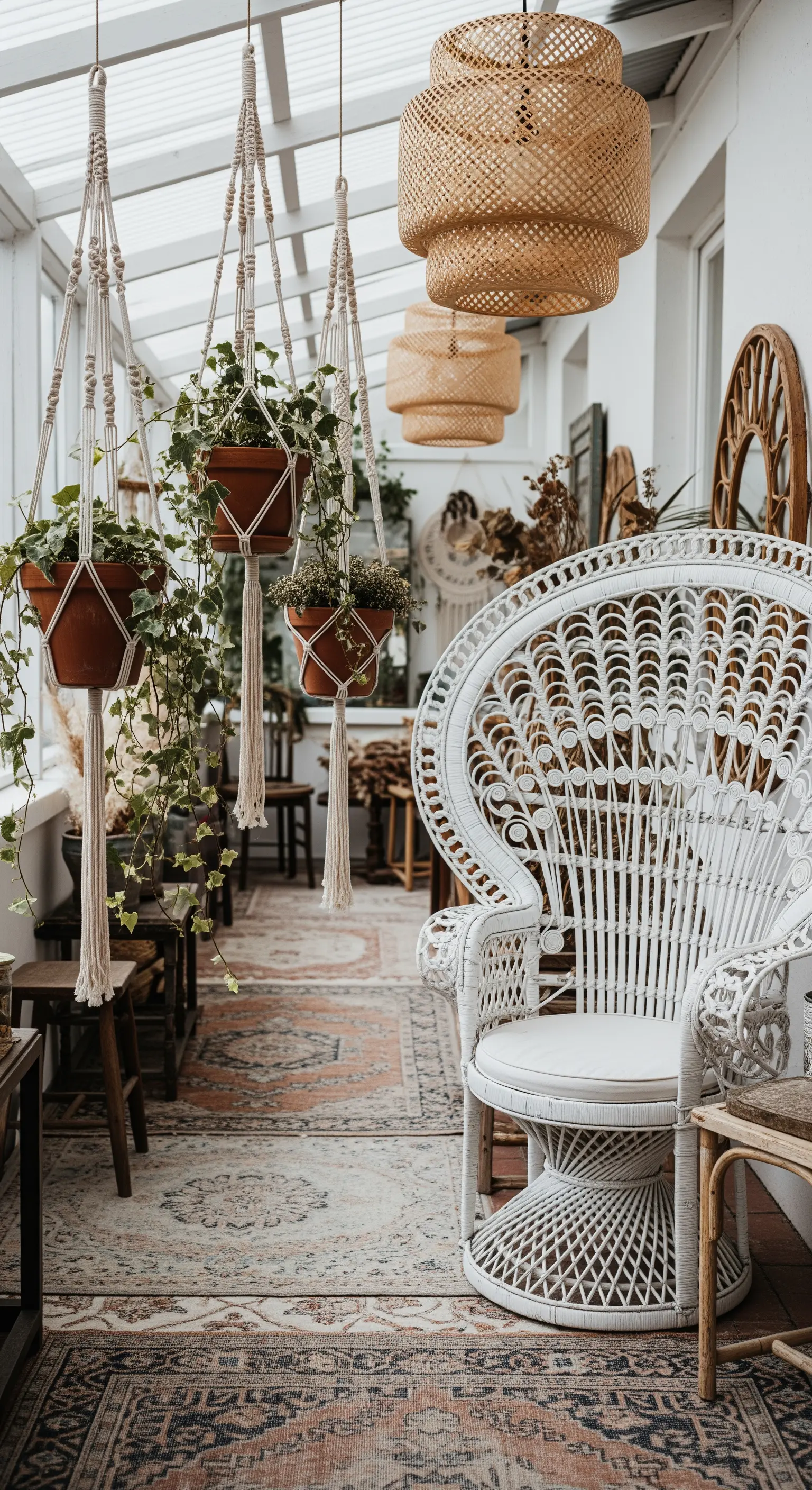 Veranda in stile bohémien con sedia Peacock, tappeto persiano e piante appese in macramè.