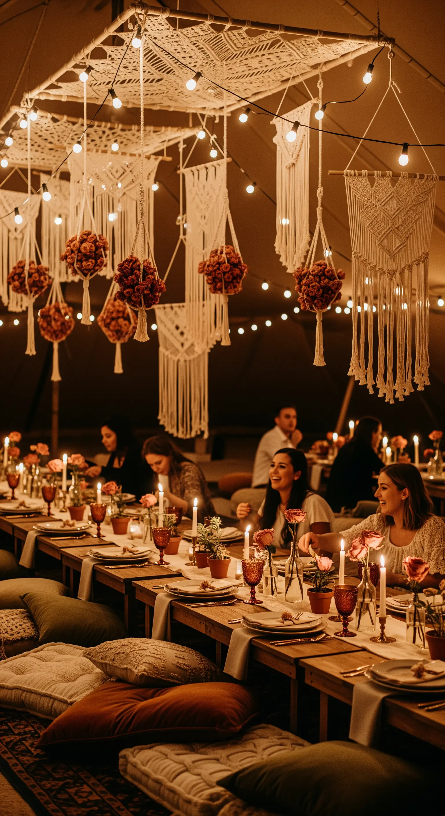 Decorazioni in macramè e sfere di fiori color terracotta sospese in una tenda per una cena boho.