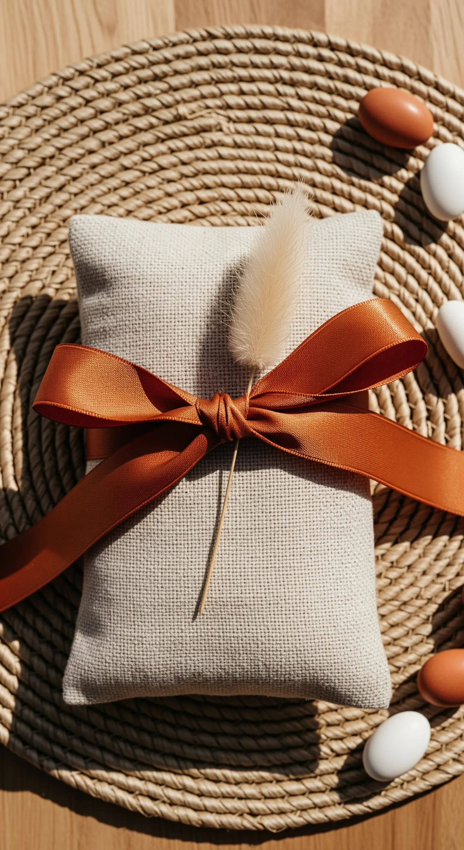 Cuscinetto bomboniera in lino grezzo, legato da un nastro color ruggine e decorato con erba pampas.