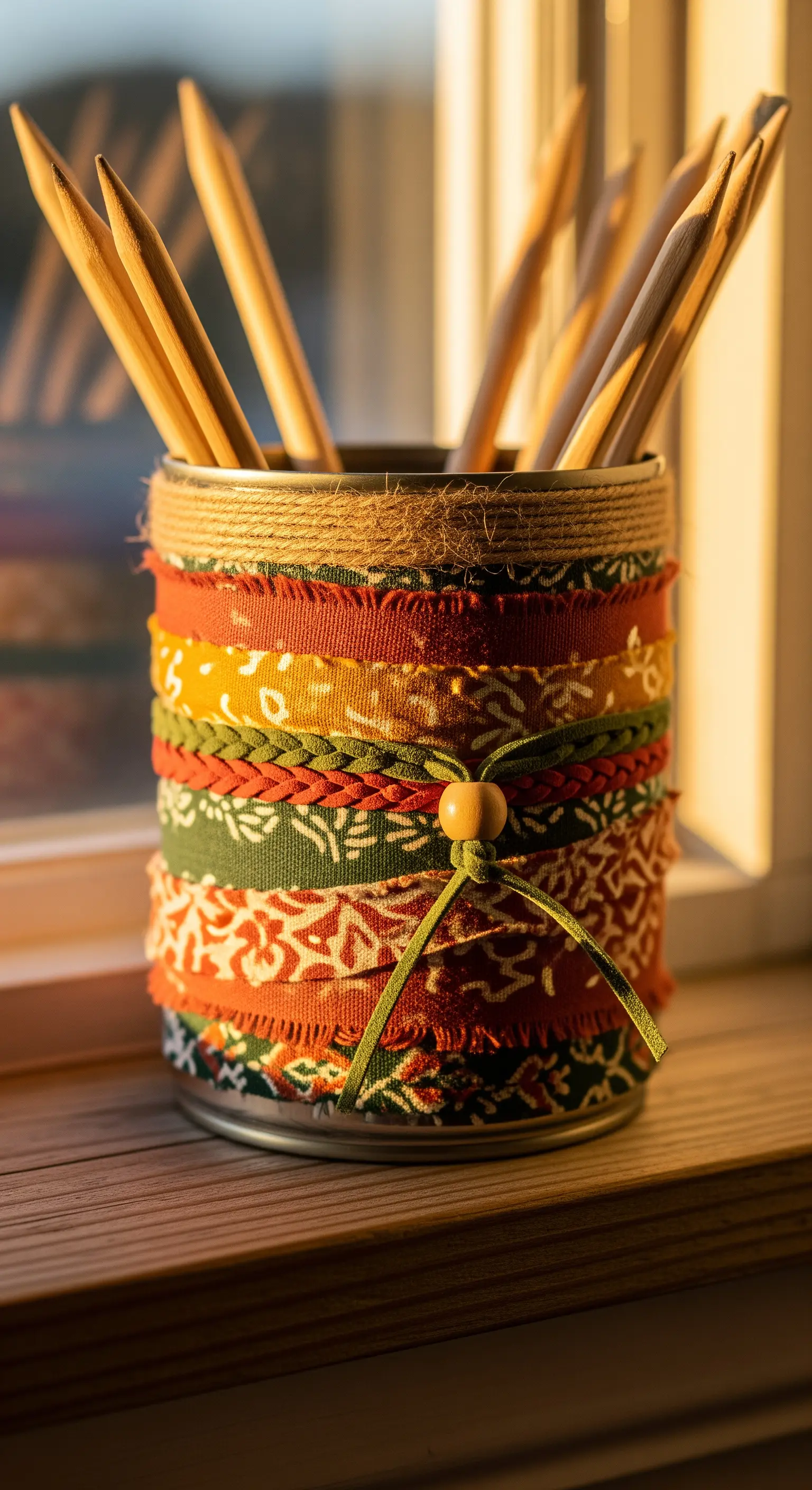 Portamatite decorato con strati di tessuti etnici, corda e una perlina di legno.