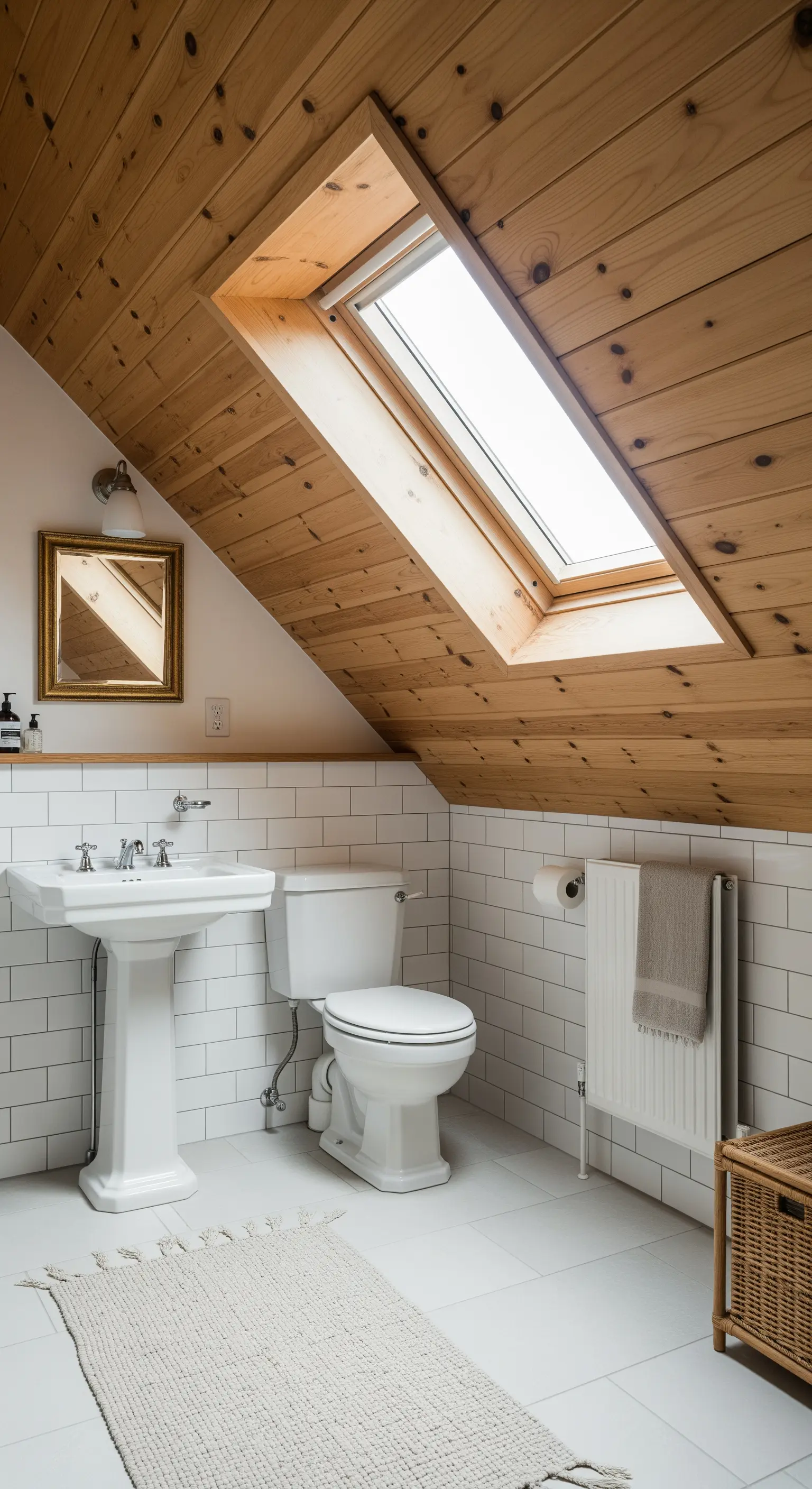 Bagno mansardato con soffitto in legno, piastrelle bianche e lavabo a colonna.