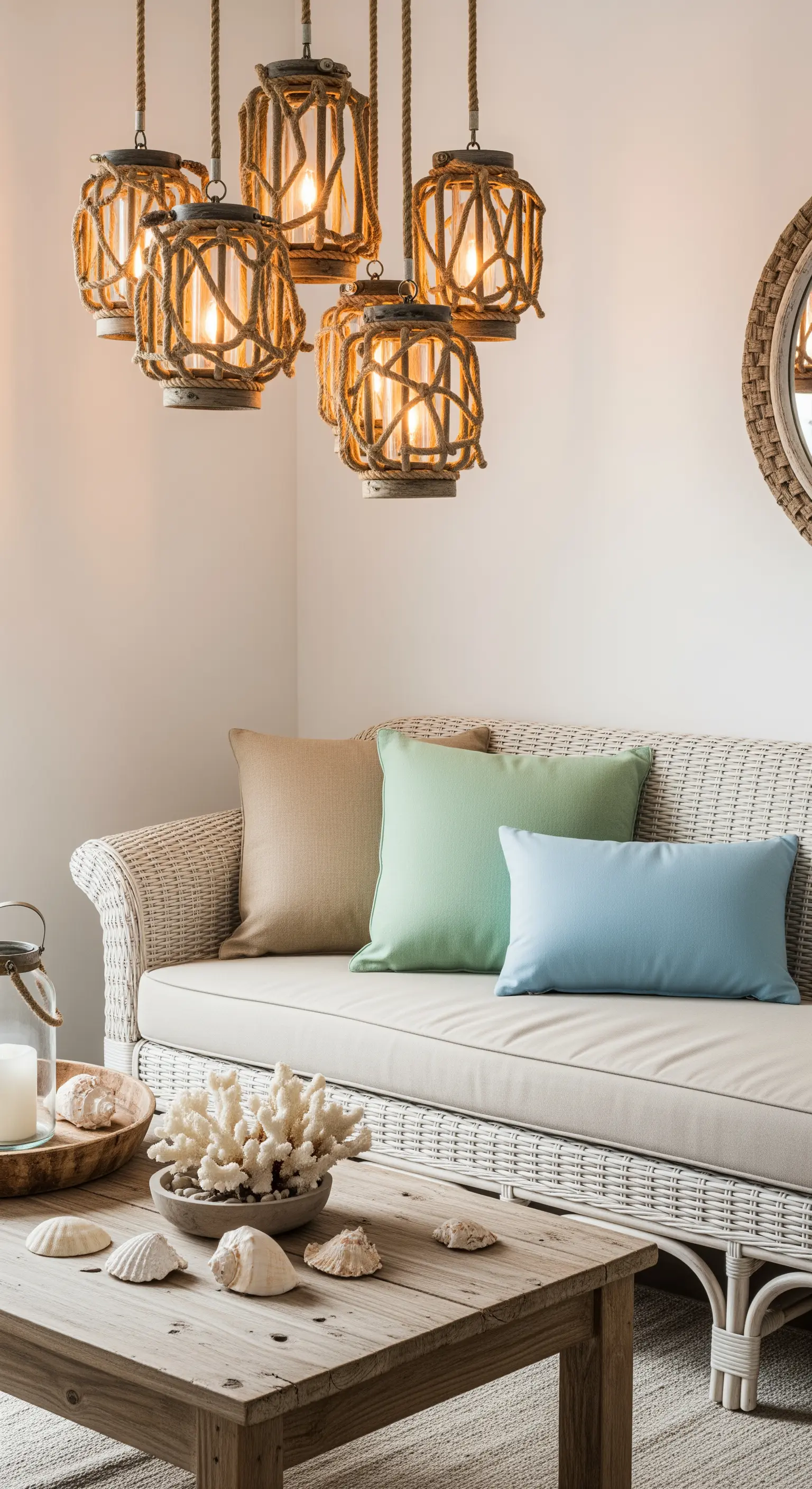 Salotto in stile costiero con divano bianco, lanterne in corda e decorazioni marine.