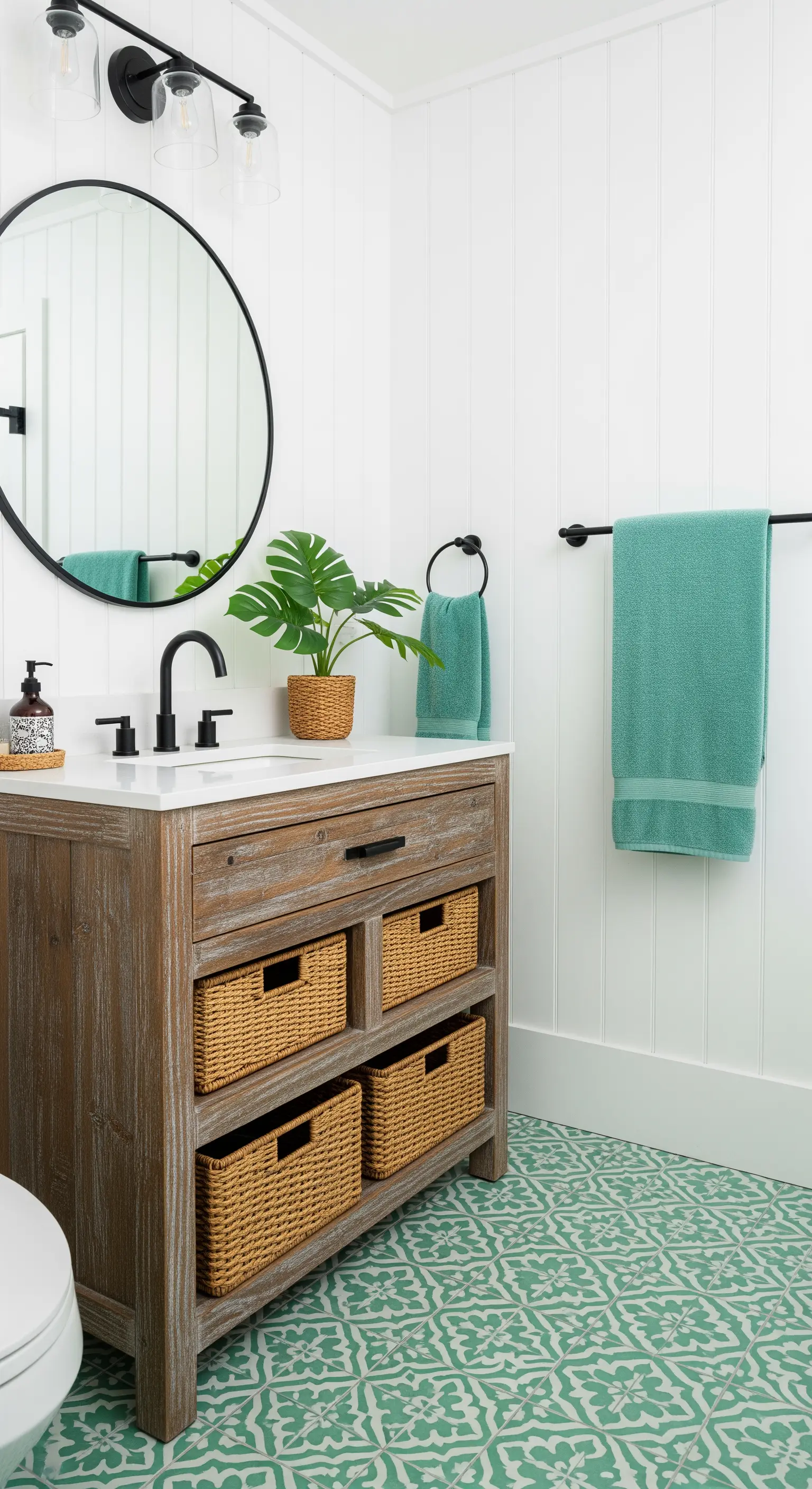 Bagno con boiserie bianca, pavimento a motivi verdi e mobile in legno anticato.
