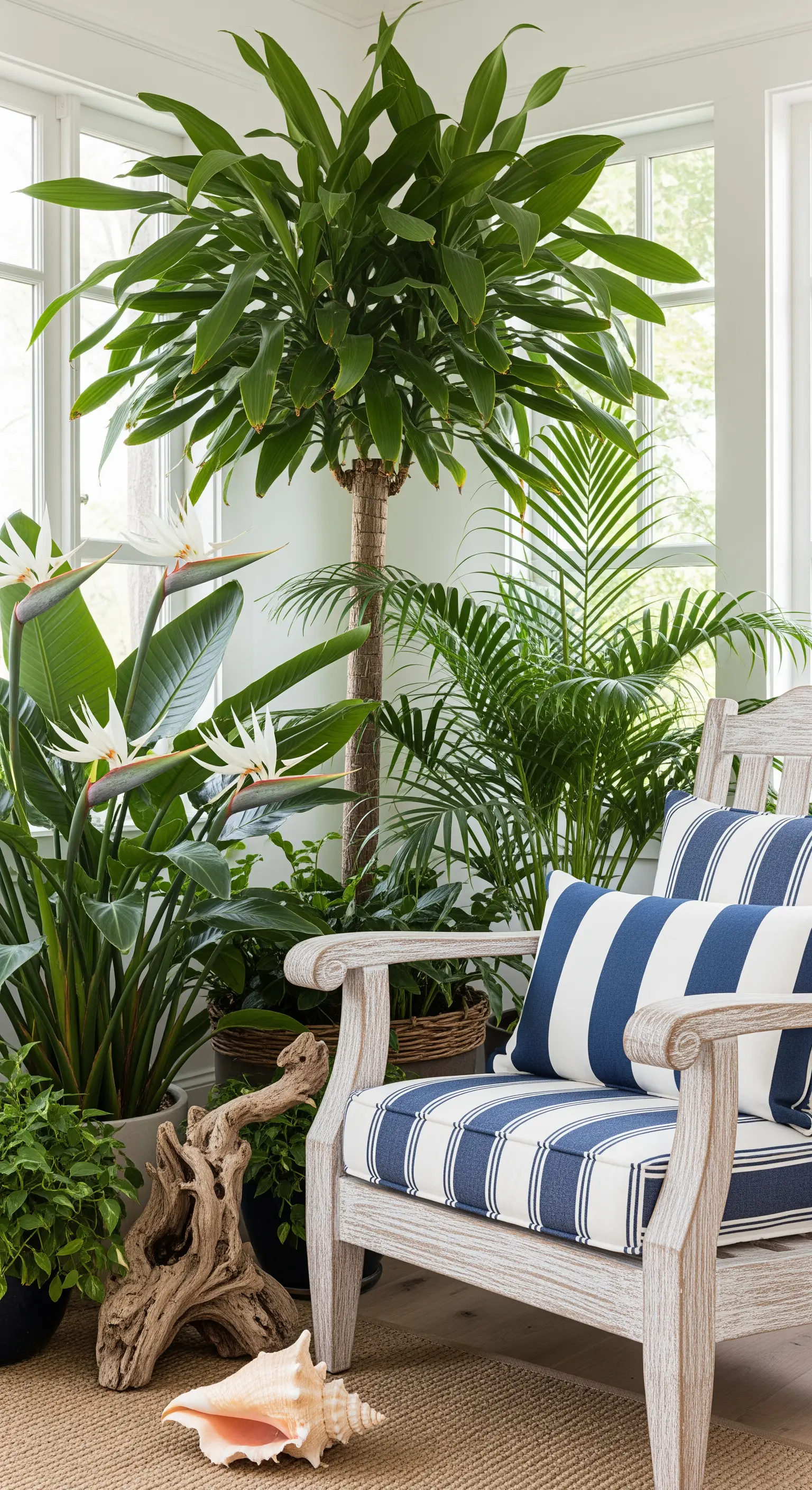 Poltrona in legno sbiancato con cuscini a righe blu, circondata da palme e piante tropicali.