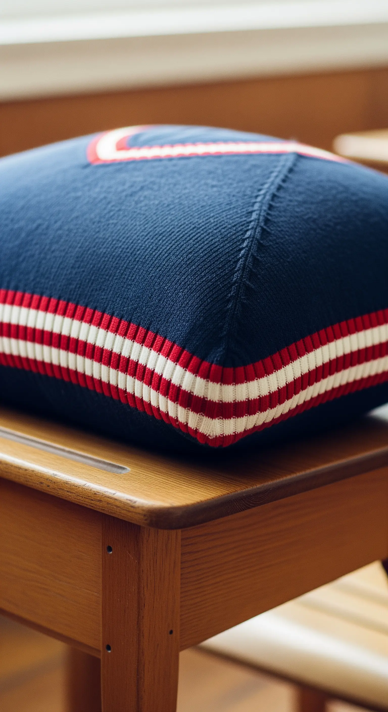 Cuscino blu in stile college con bordo a righe rosse e bianche, ricavato da un maglione.