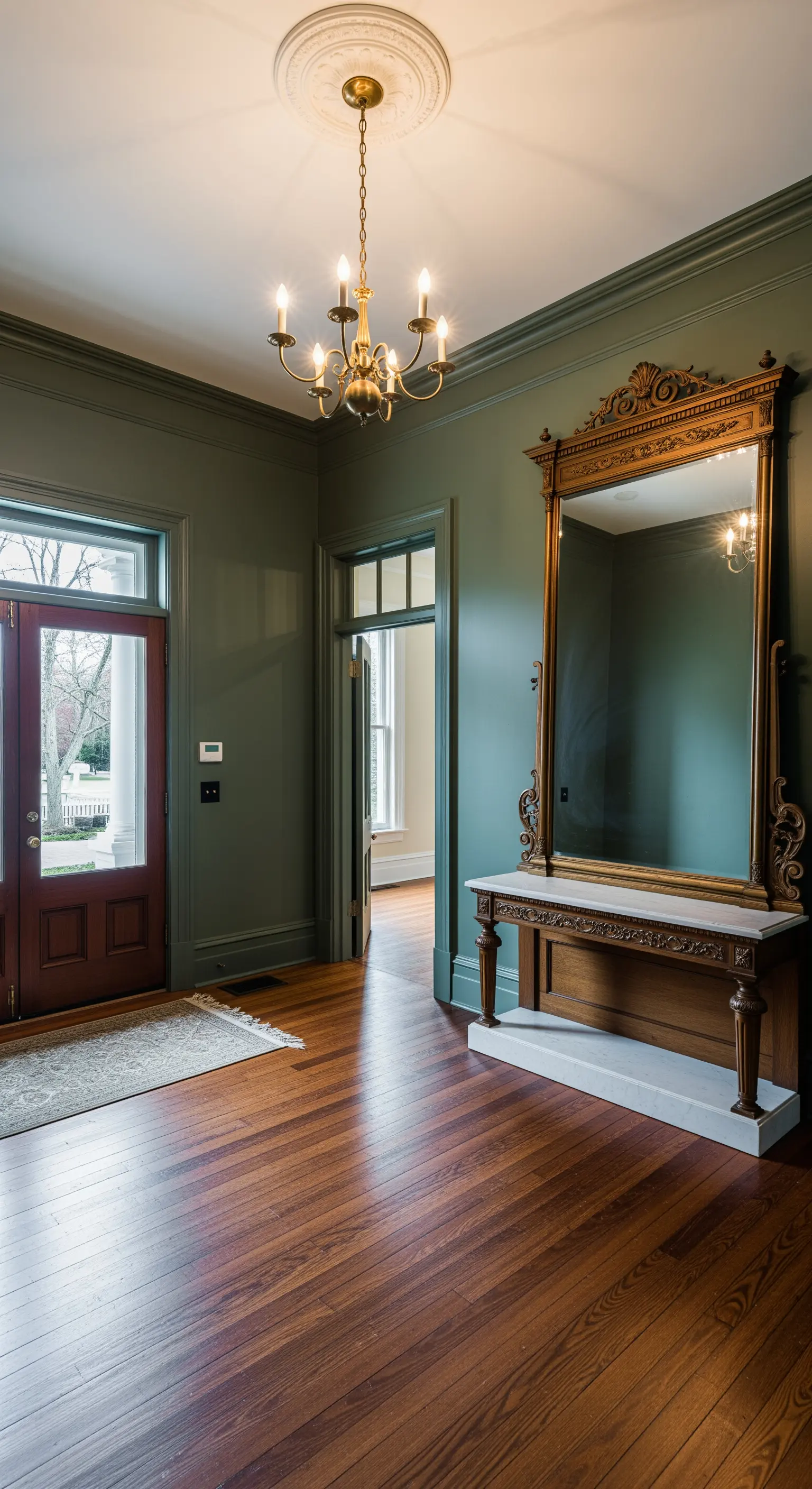 Ampio ingresso verde salvia con imponente consolle antica in legno intagliato e specchio.