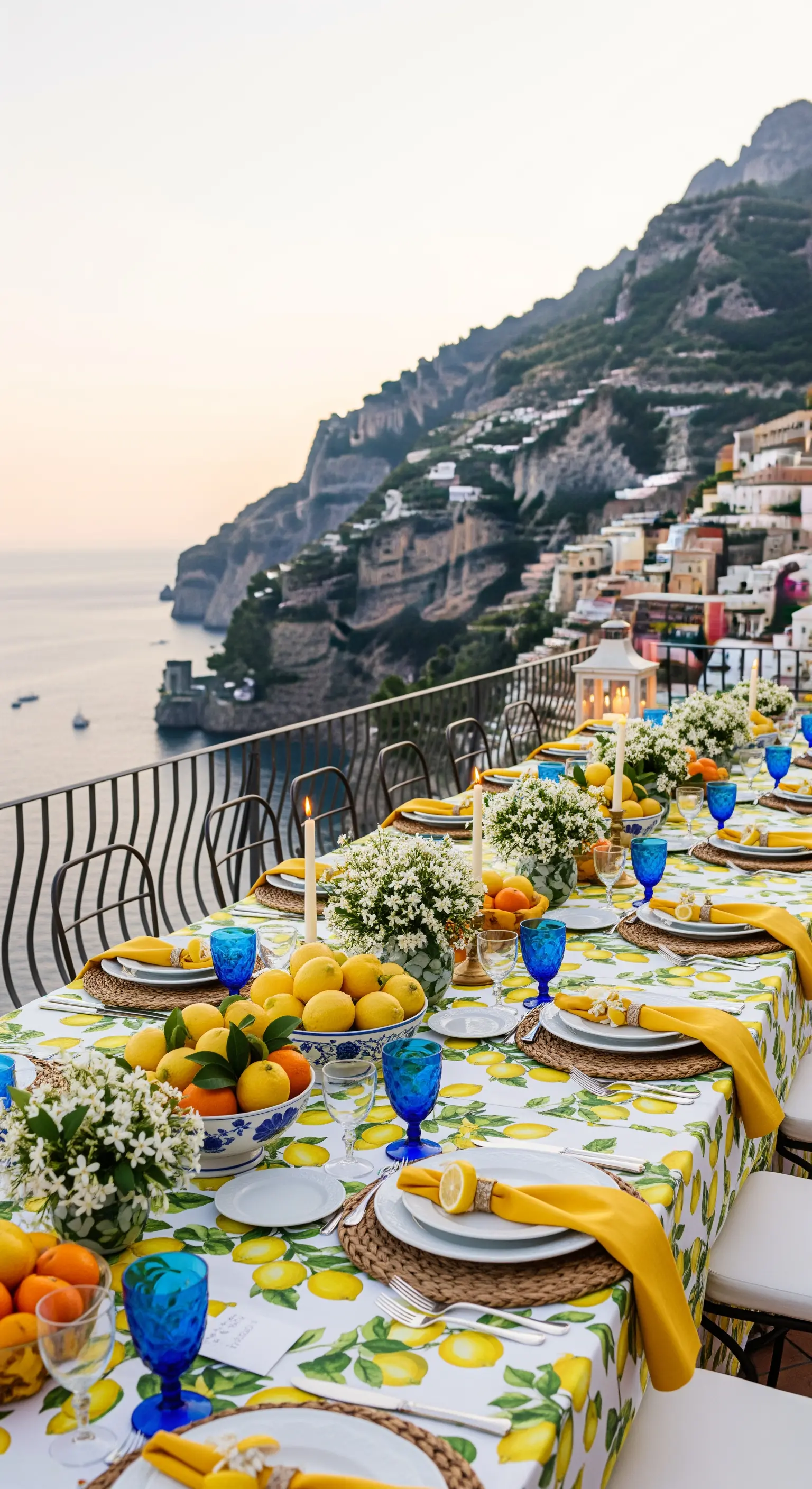 Tavola allestita su una terrazza vista mare con decorazioni a tema limoni.