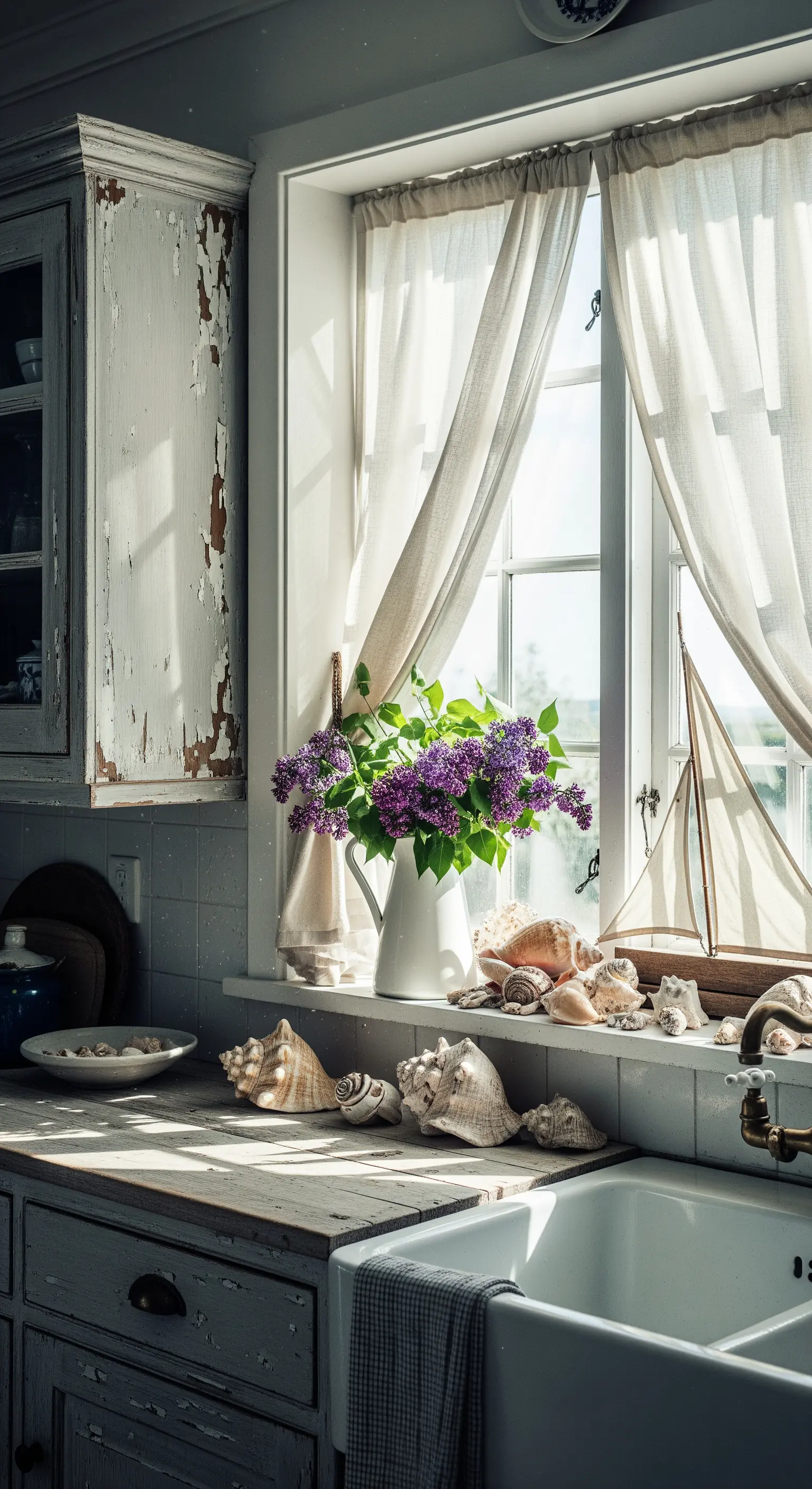 Cucina shabby chic costiera con mobili bianchi scrostati e conchiglie.