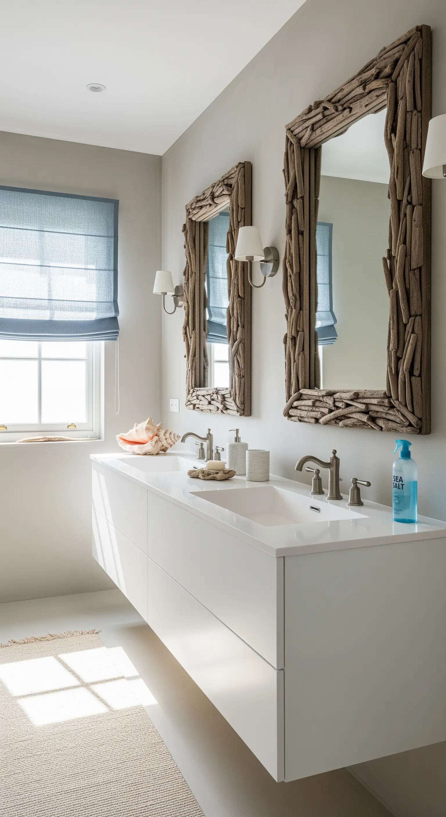 Doppio lavabo bianco con specchi incorniciati da legni di mare e tenda azzurra.
