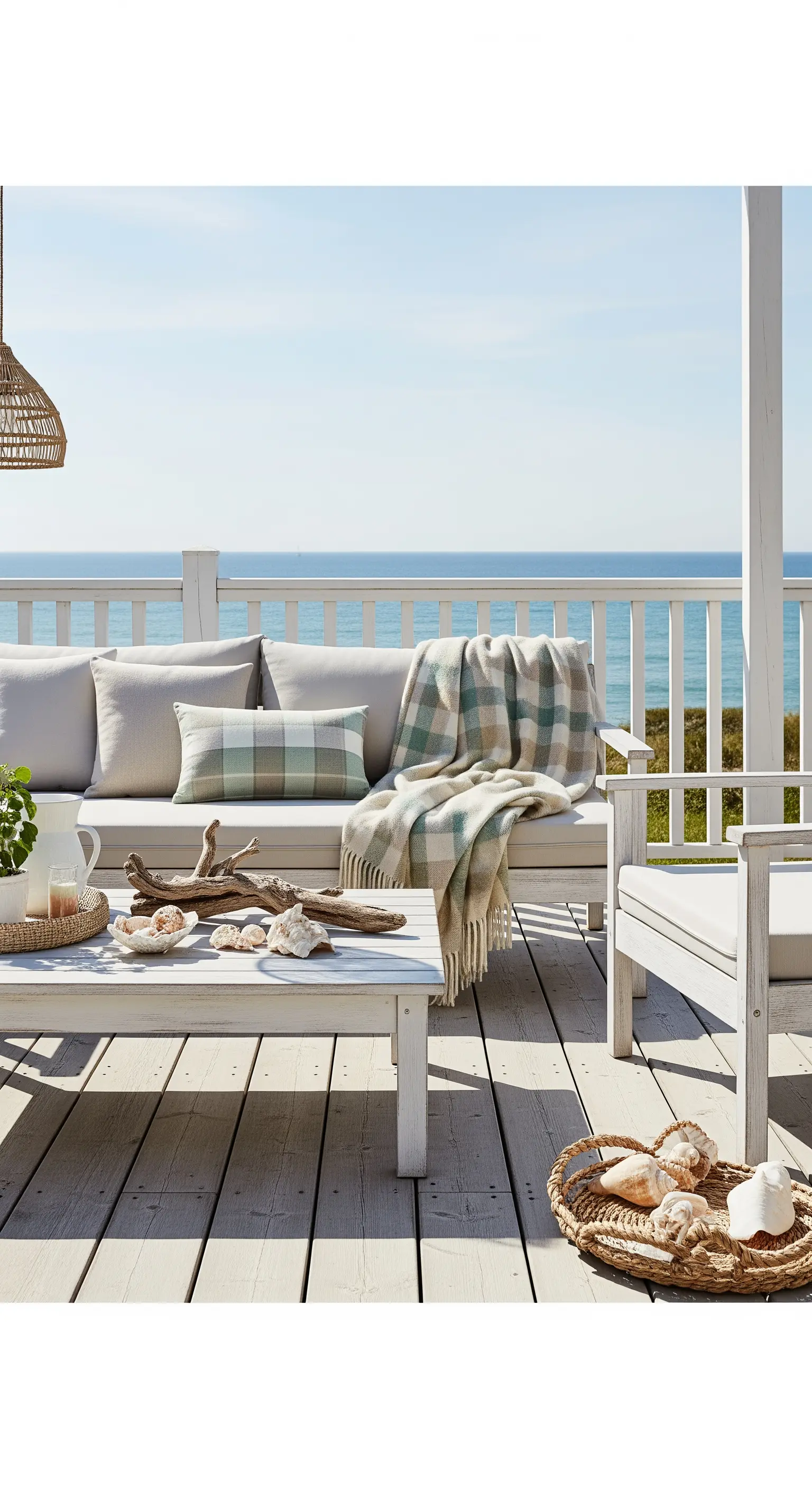 Patio vista mare con arredi in legno bianco, cuscini chiari e decorazioni marine.