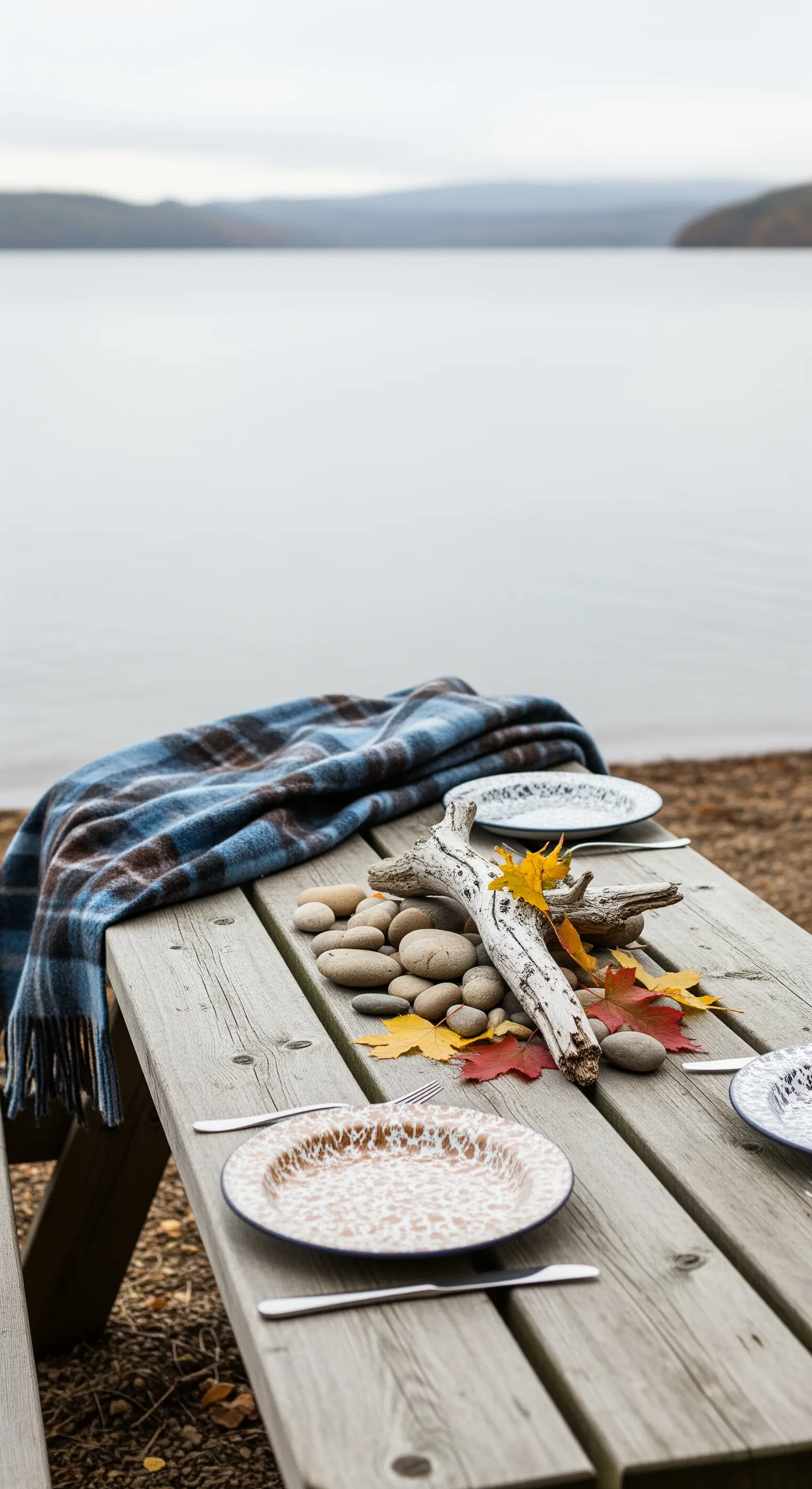 Tavolo da picnic in riva al lago con coperta plaid e un centrotavola di sassi e legno.