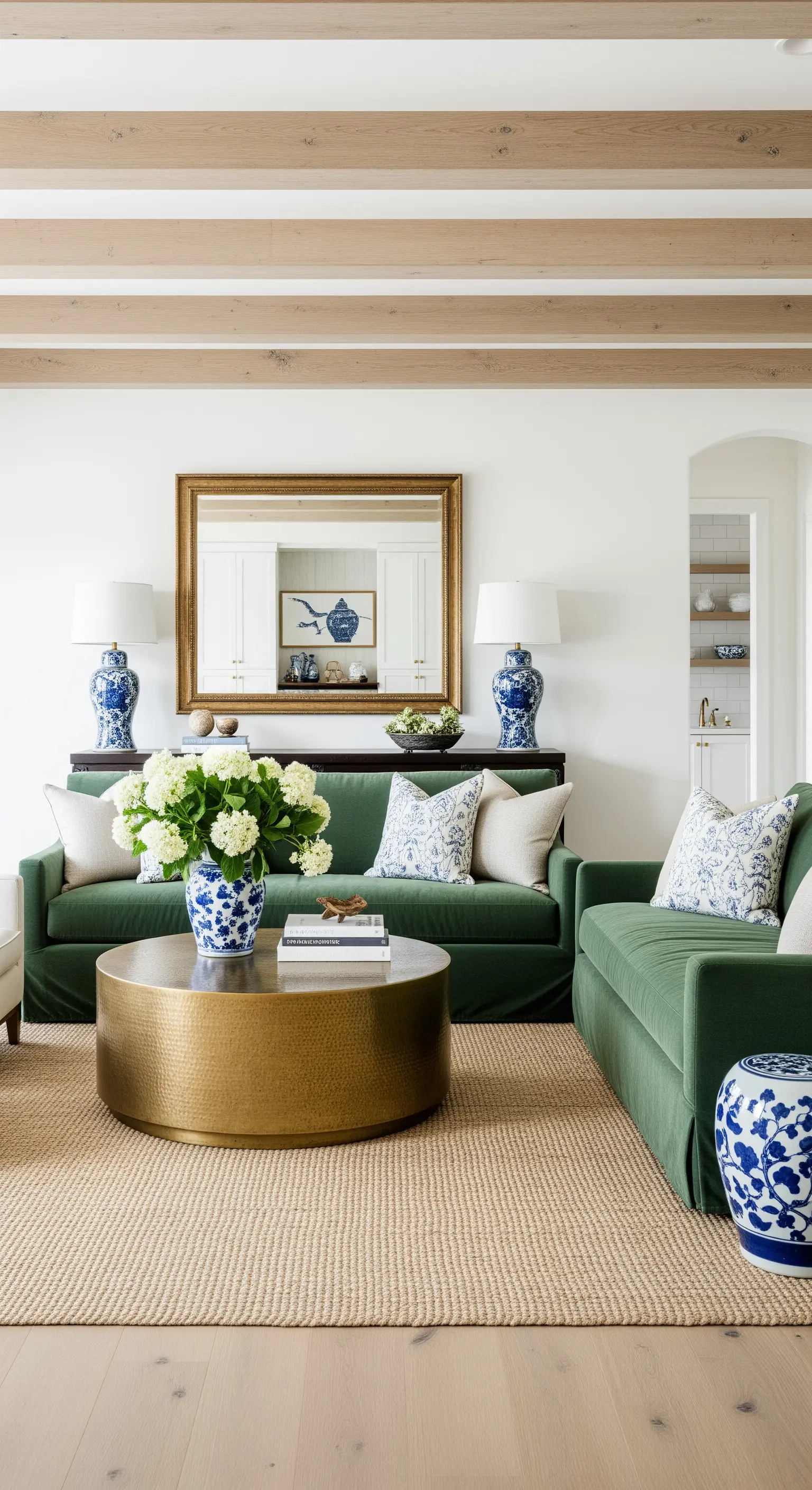 Soggiorno costiero con divano verde muschio, travi a vista e tavolino cilindrico in ottone.