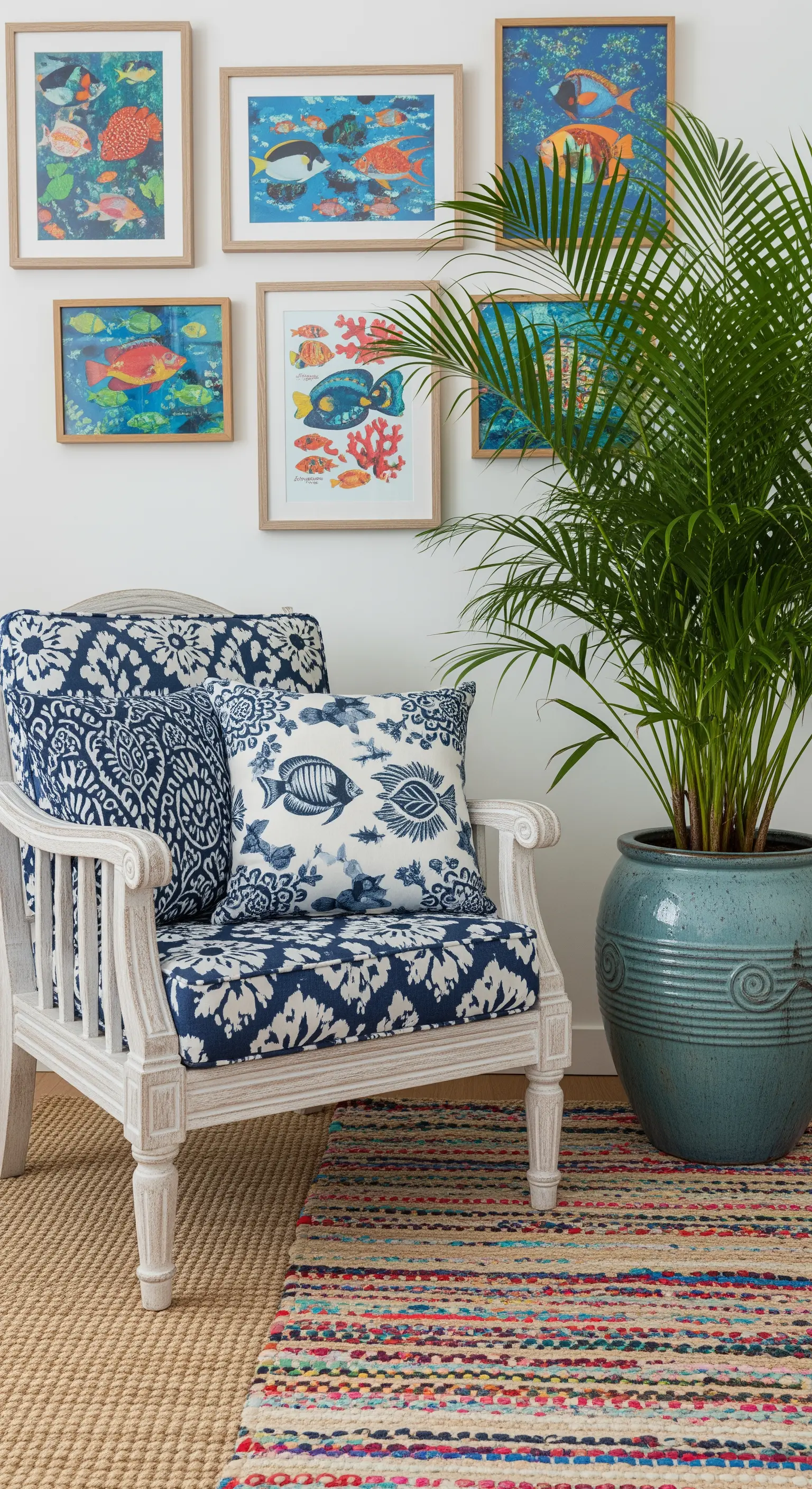 Poltrona in legno bianco con cuscini blu e bianchi, tappeto colorato e quadri di pesci alla parete.
