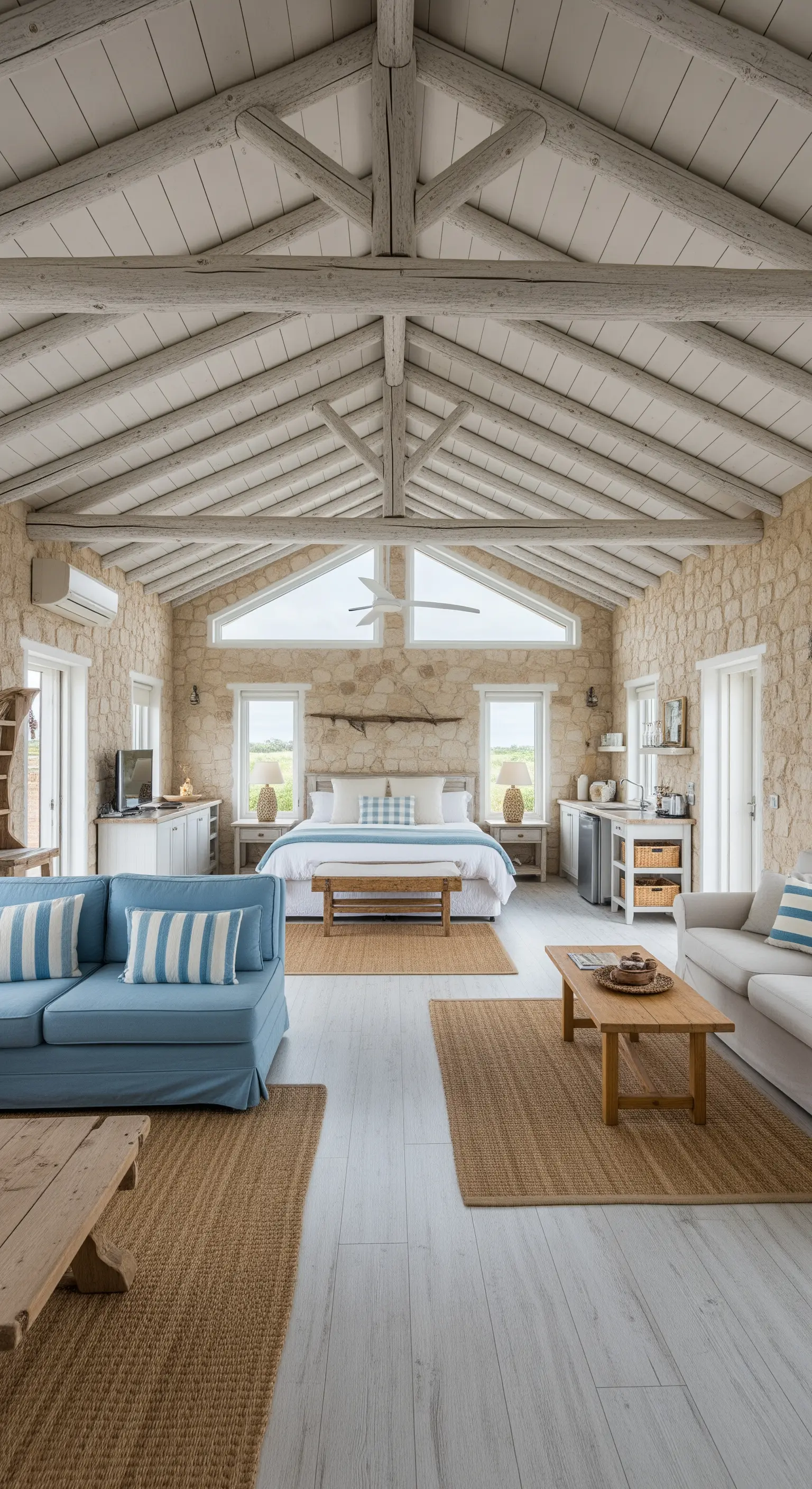 Ampio soggiorno e camera da letto in stile costiero con travi bianche e divani azzurri.