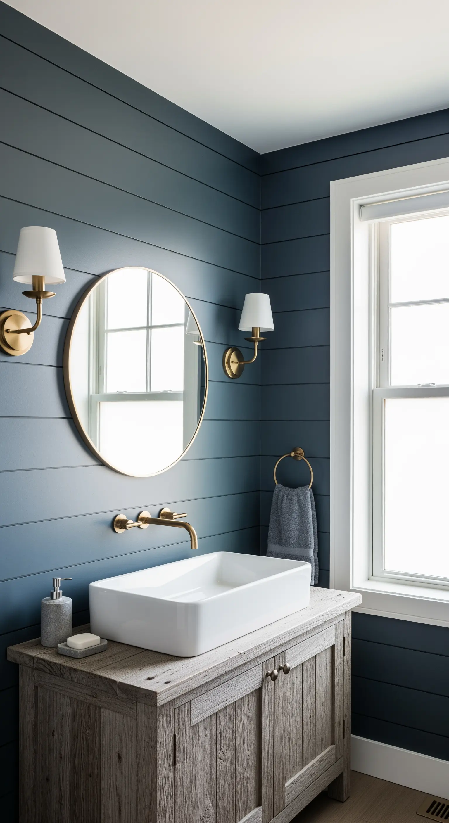 Bagno con pareti perlinate blu, mobile in legno rustico e dettagli in ottone.