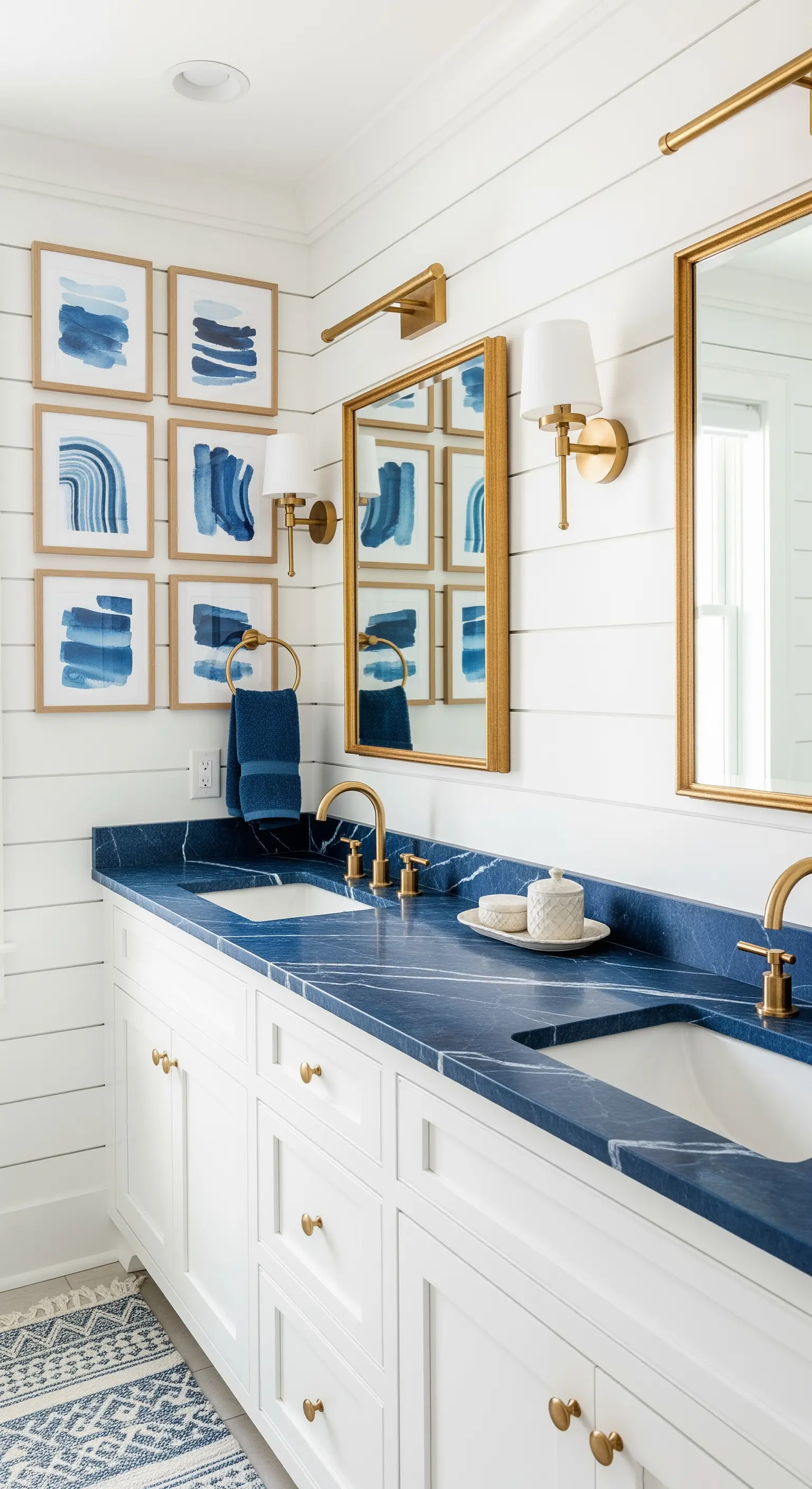 Bagno in stile costiero con mobile bianco, top in marmo blu e pareti perlinate bianche.