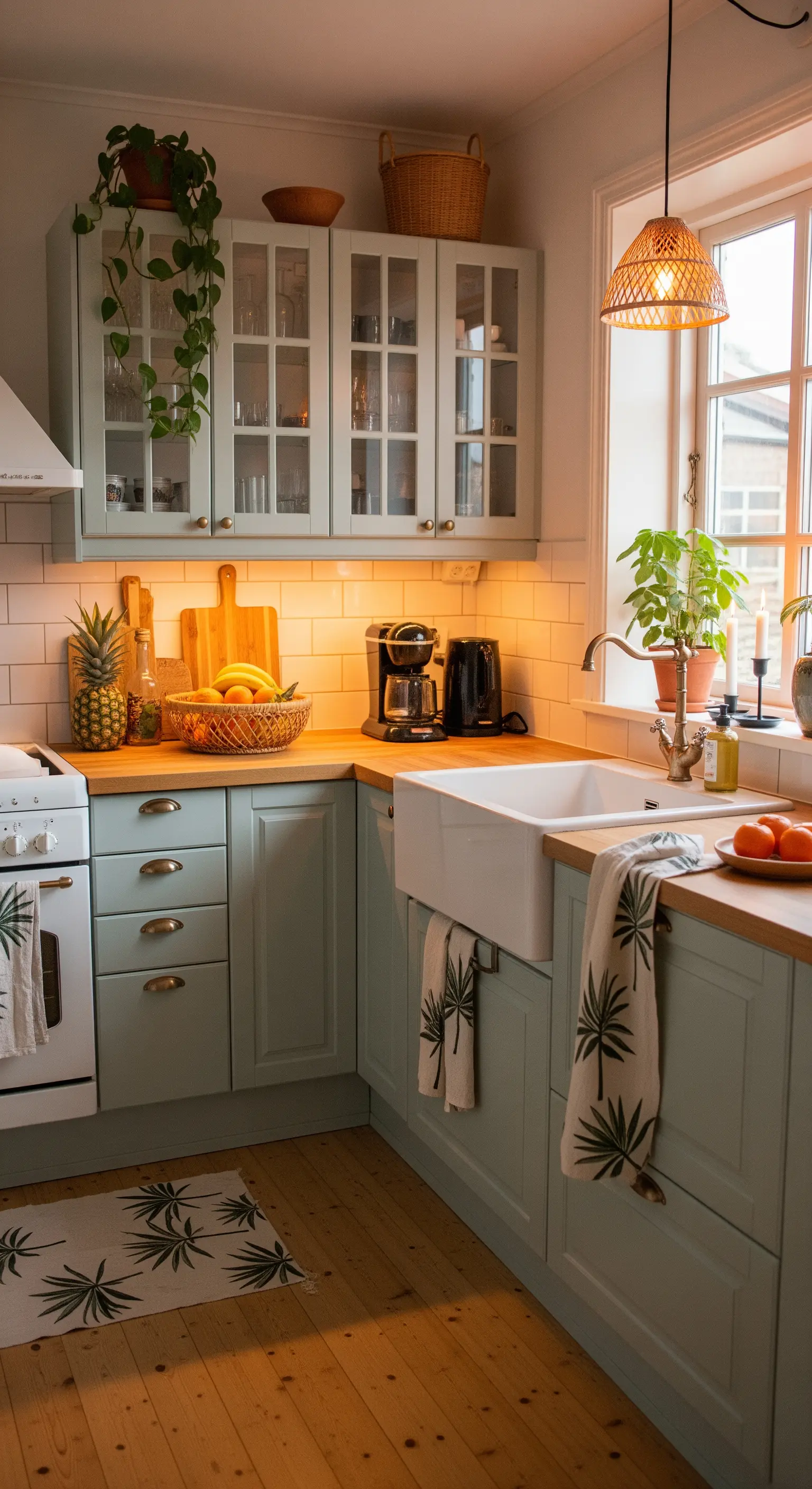 Cucina in stile cottage verde polveroso con lavello in ceramica e dettagli tropicali.