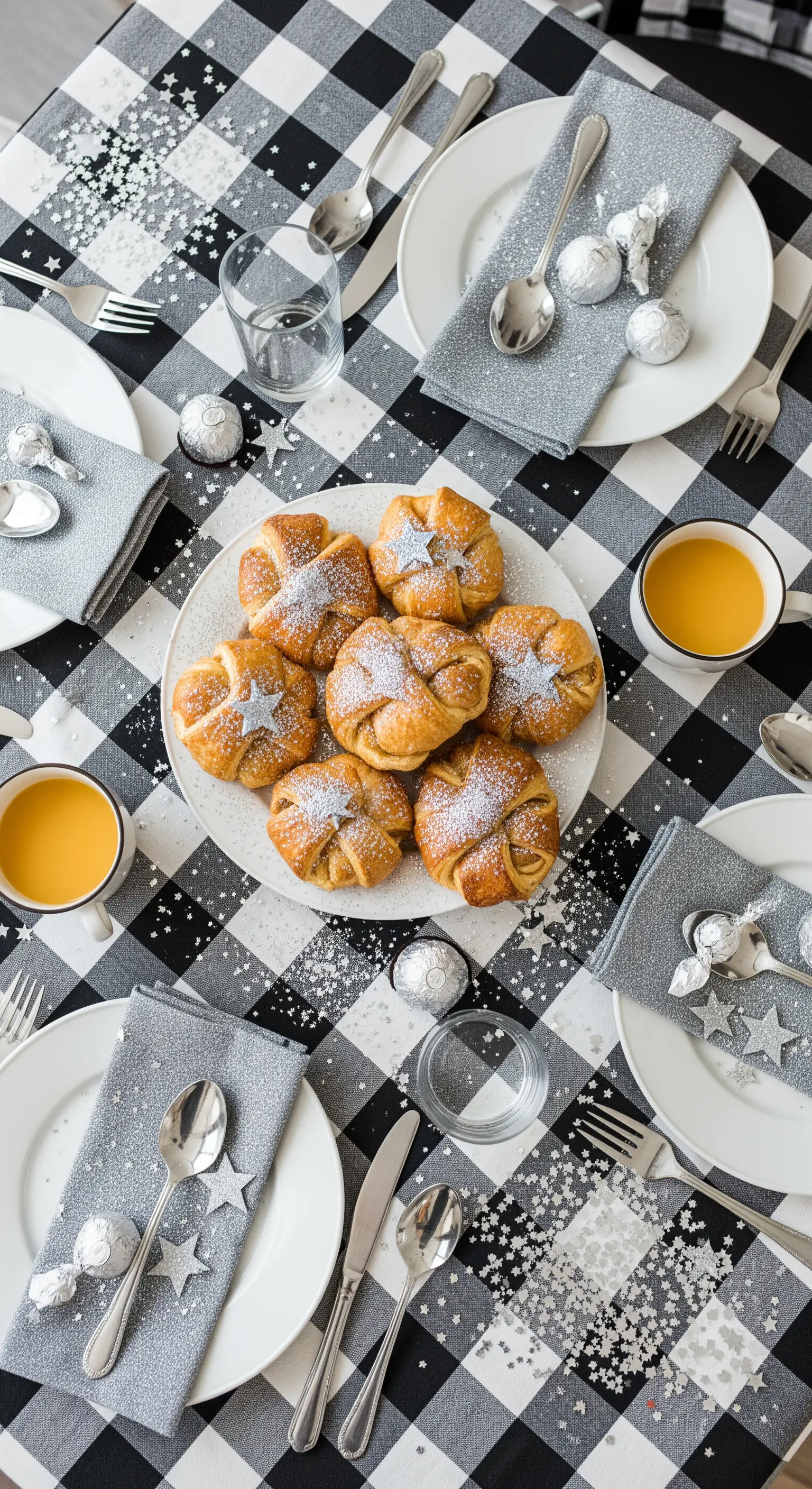Tavola per la colazione di Capodanno con tovaglia a quadri, tovaglioli glitterati e dolci.