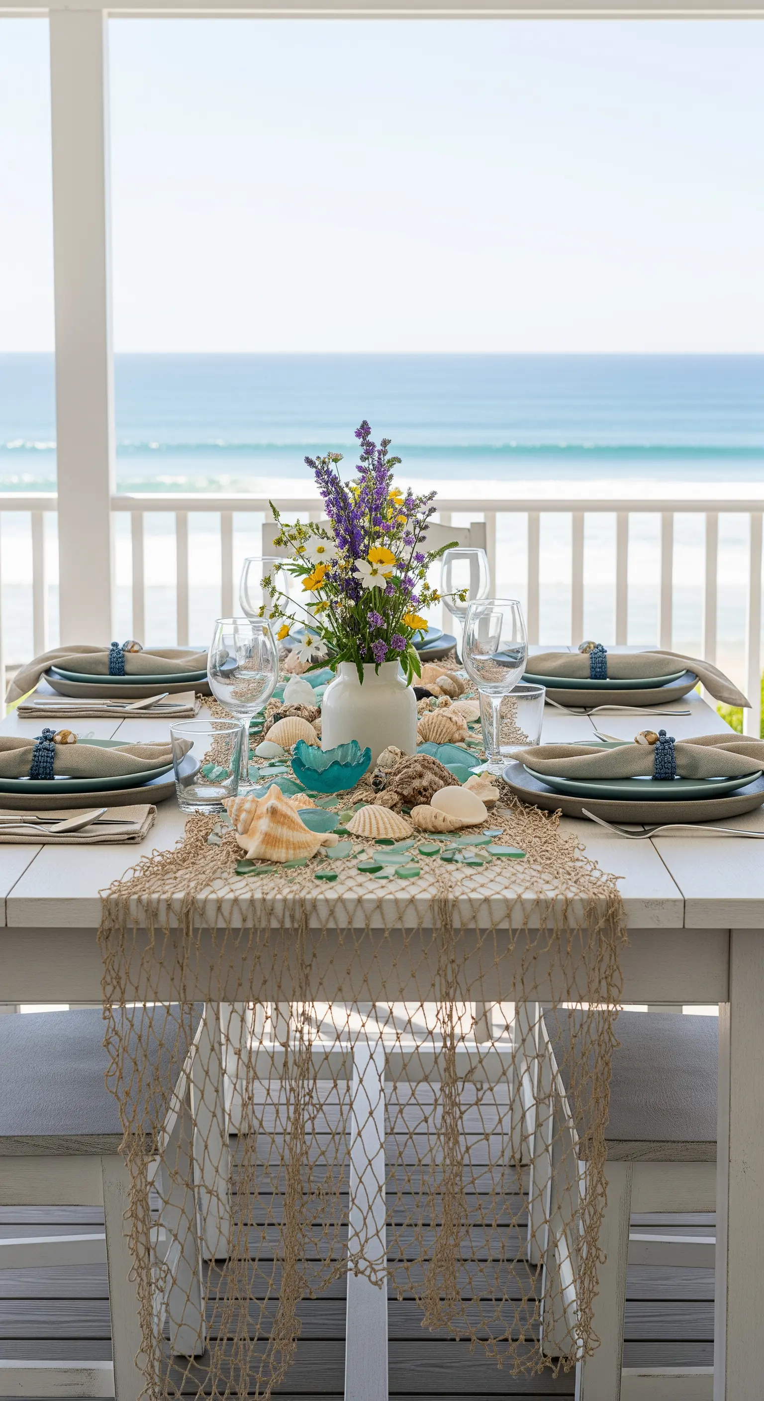 Tavola vista mare con runner a rete, conchiglie e fiori di campo come decorazione