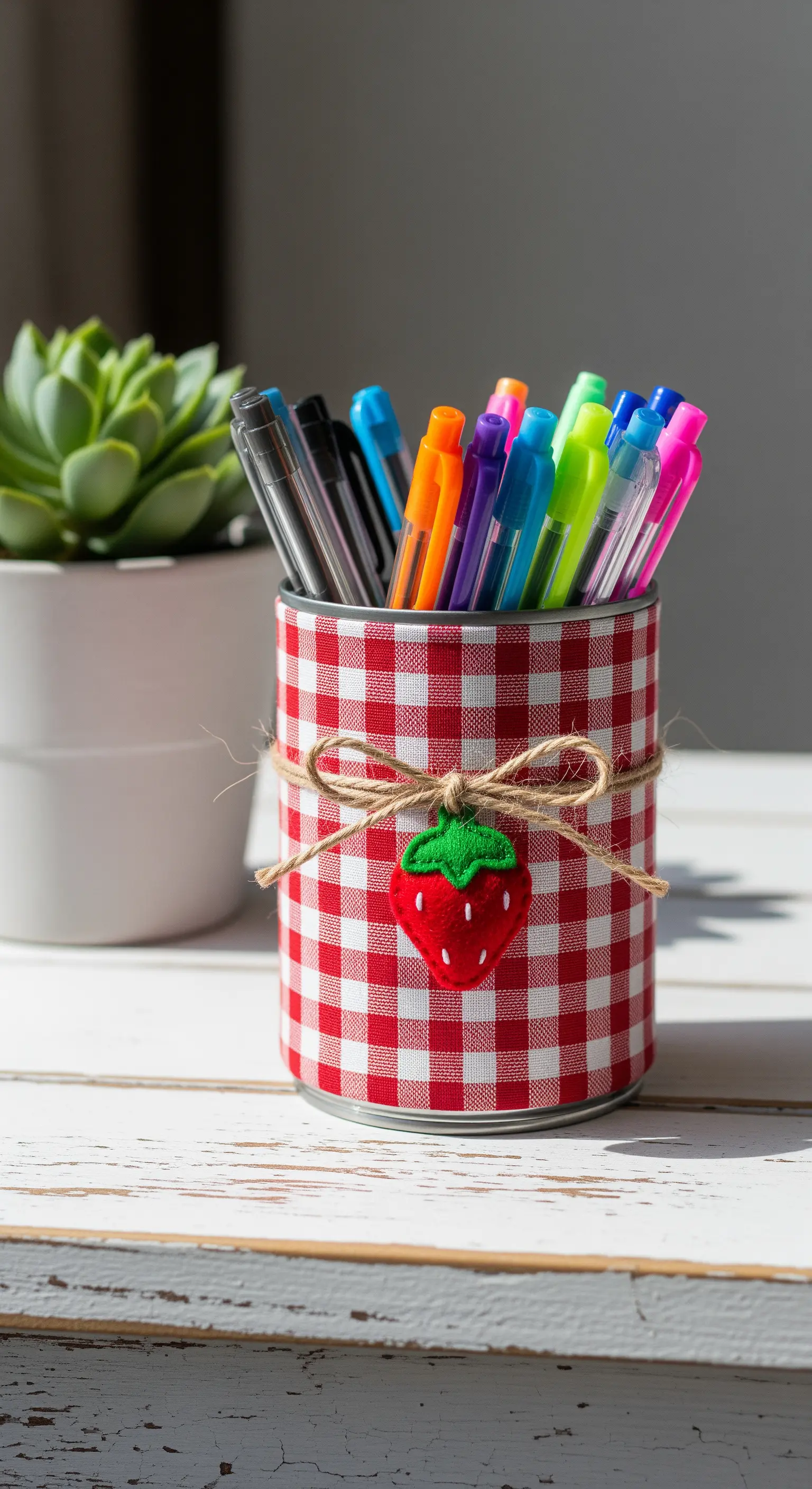 Portapenne a quadretti rossi e bianchi decorato con spago e una fragola in feltro.