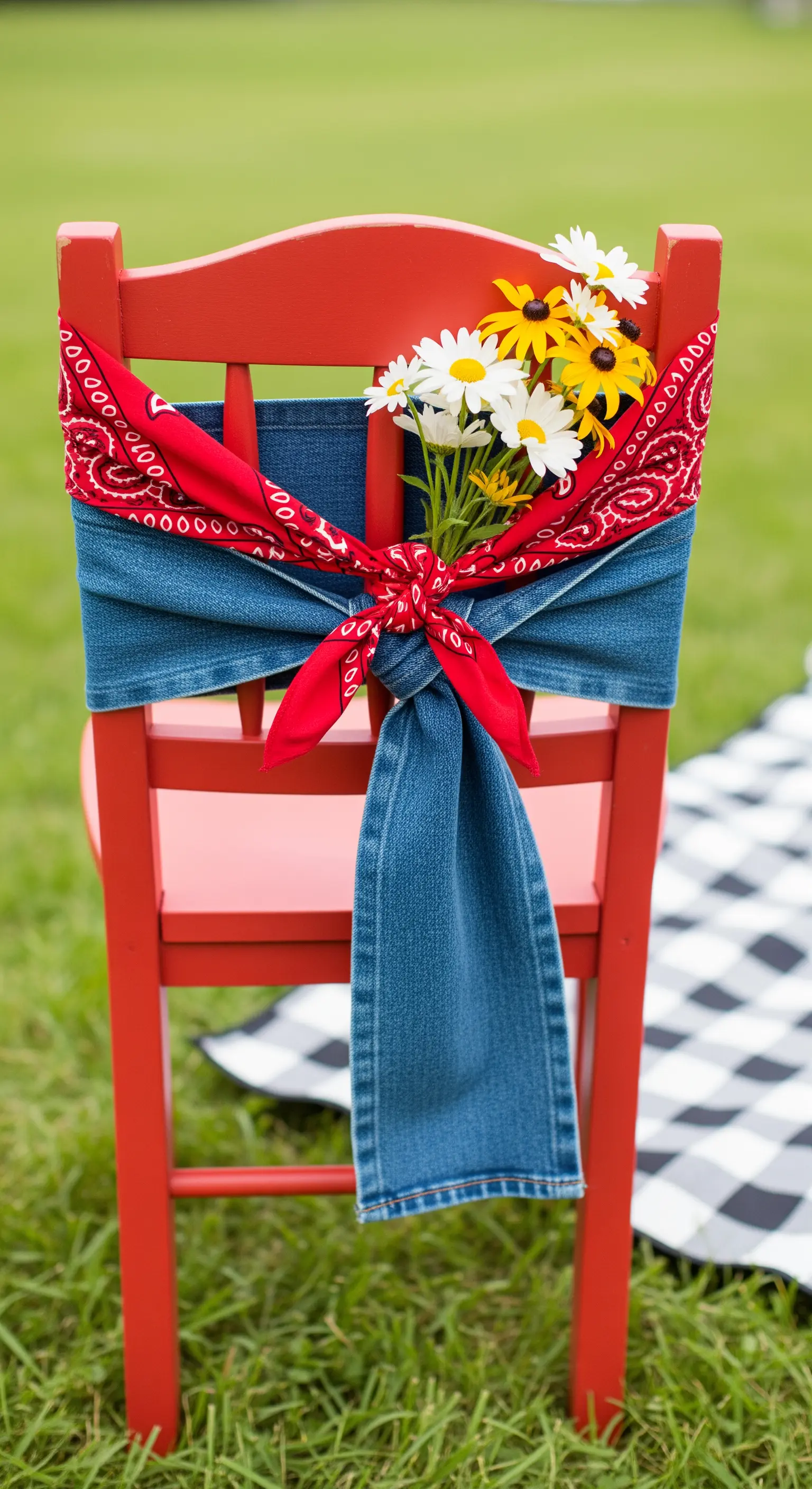 Sedia rossa decorata con una fascia di denim, una bandana rossa e fiori di campo.