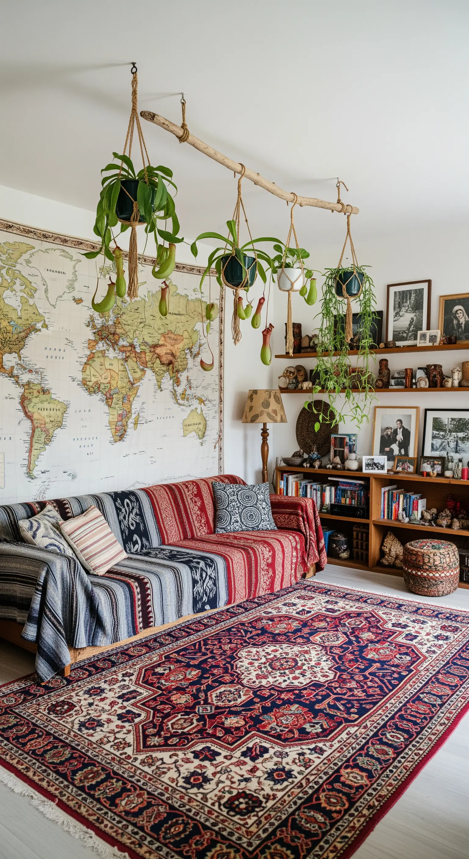 Salotto con una grande mappa del mondo, piante carnivore sospese a un ramo e un tappeto persiano.