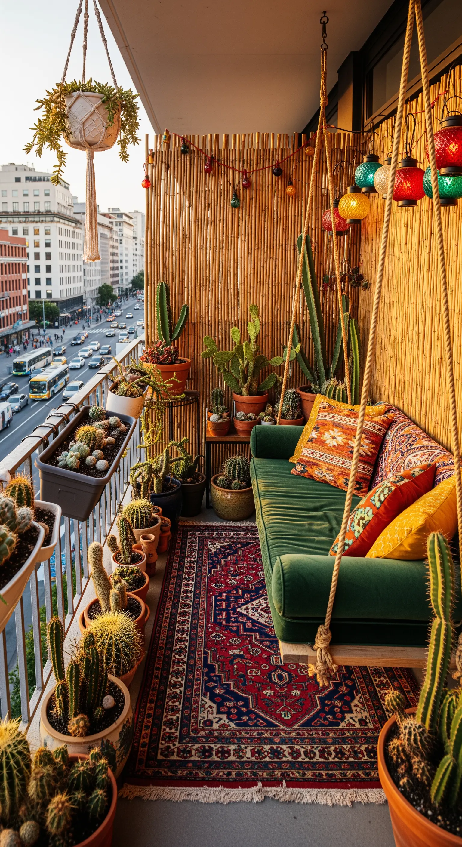 Balcone a tema desertico con divano sospeso in velluto e una collezione di cactus.