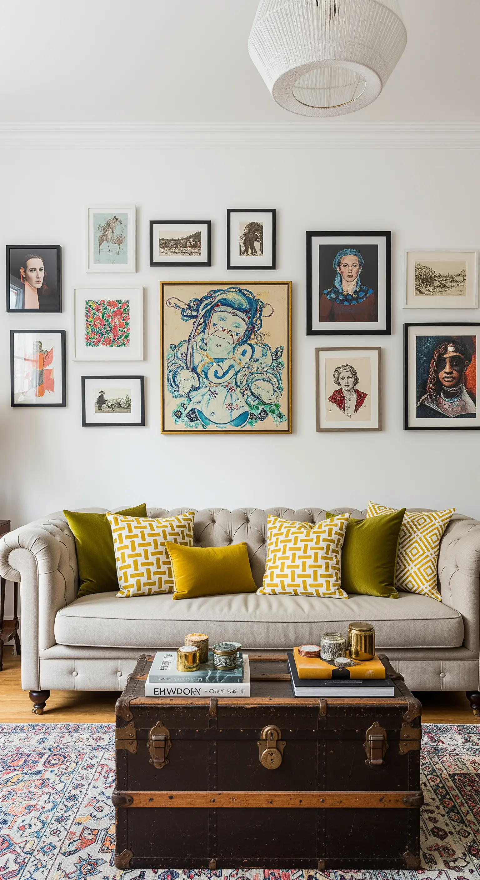 Divano Chesterfield con cuscini verdi e senape sotto una parete galleria piena di quadri.