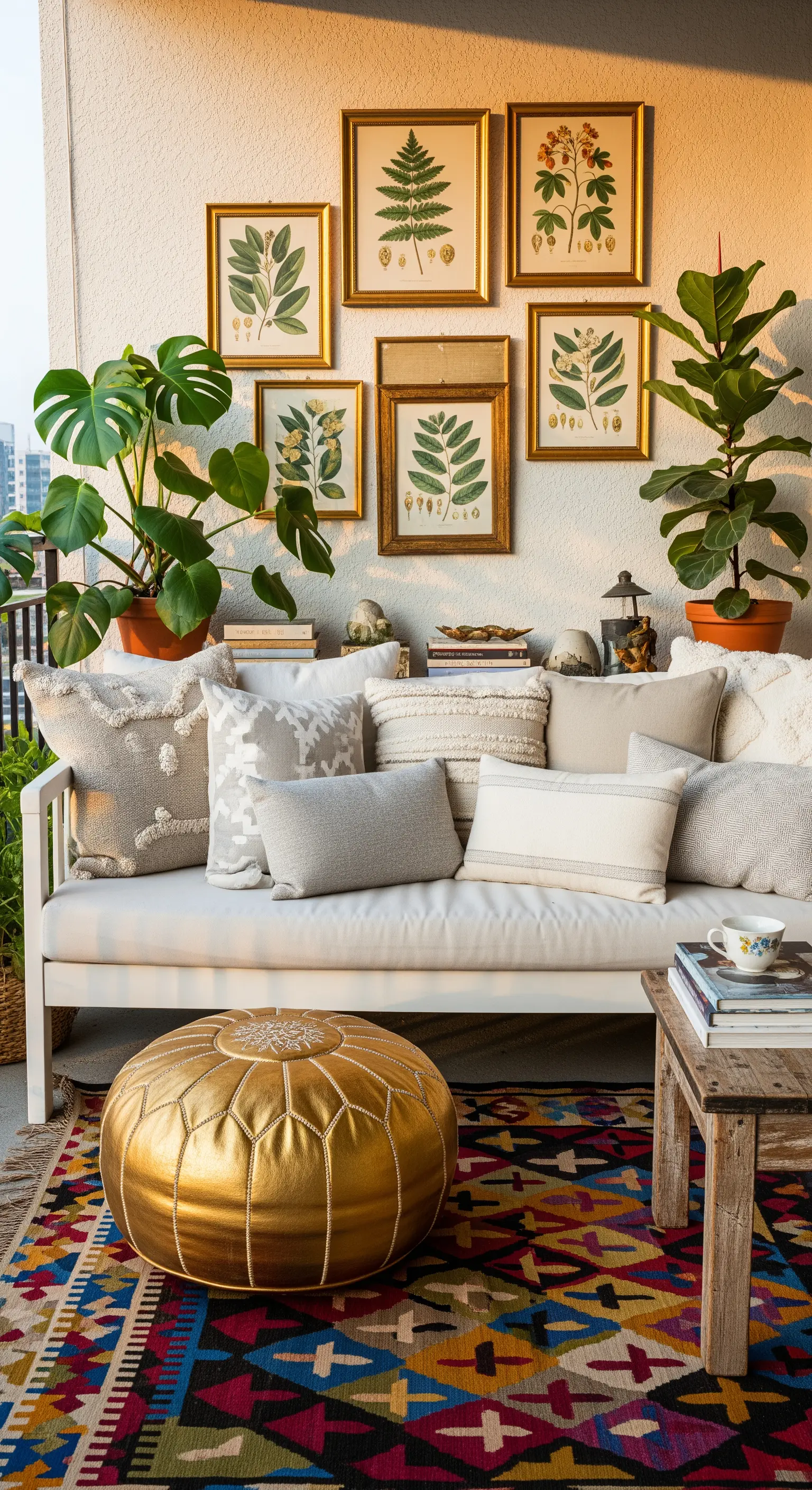 Balcone eclettico con divano bianco, tappeto kilim colorato, pouf dorato e stampe botaniche.