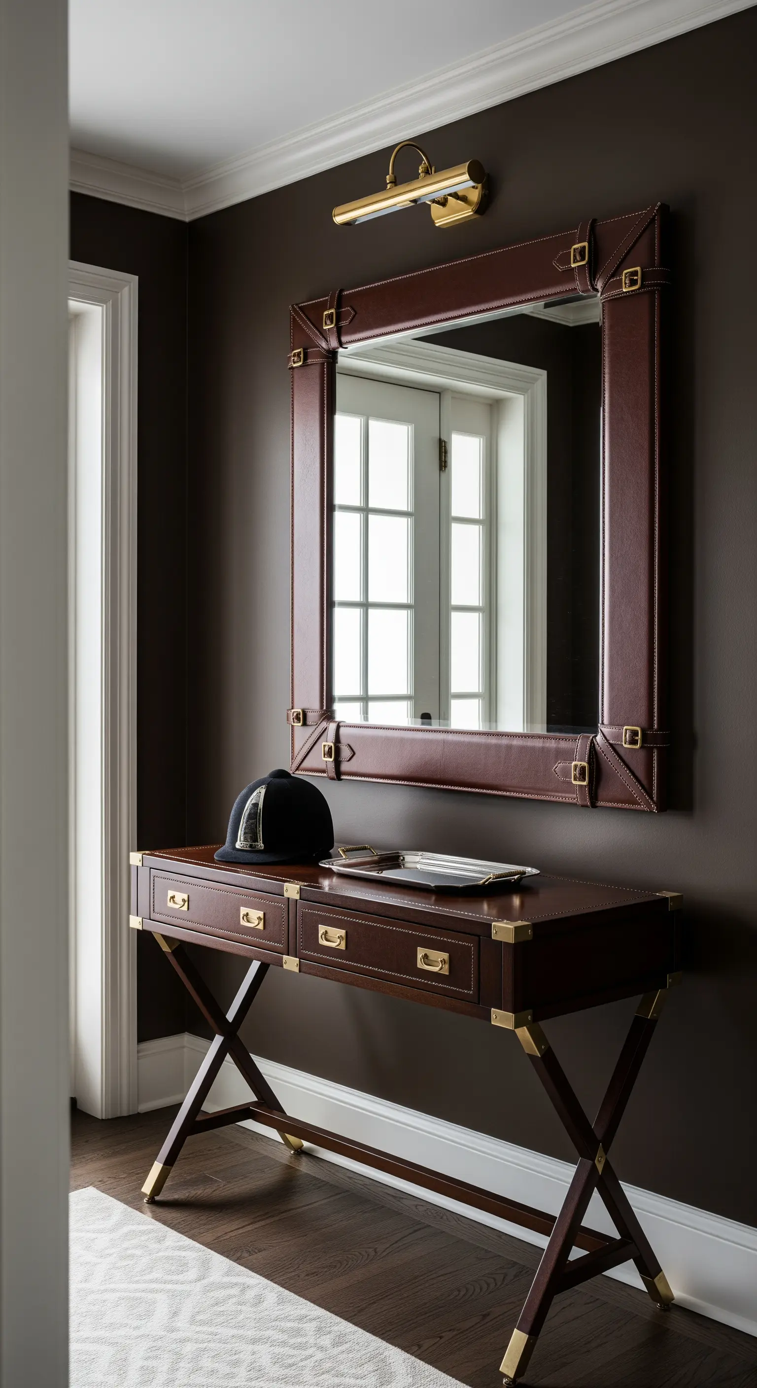 Ingresso marrone scuro con specchio e consolle rivestiti in cuoio e dettagli in ottone.