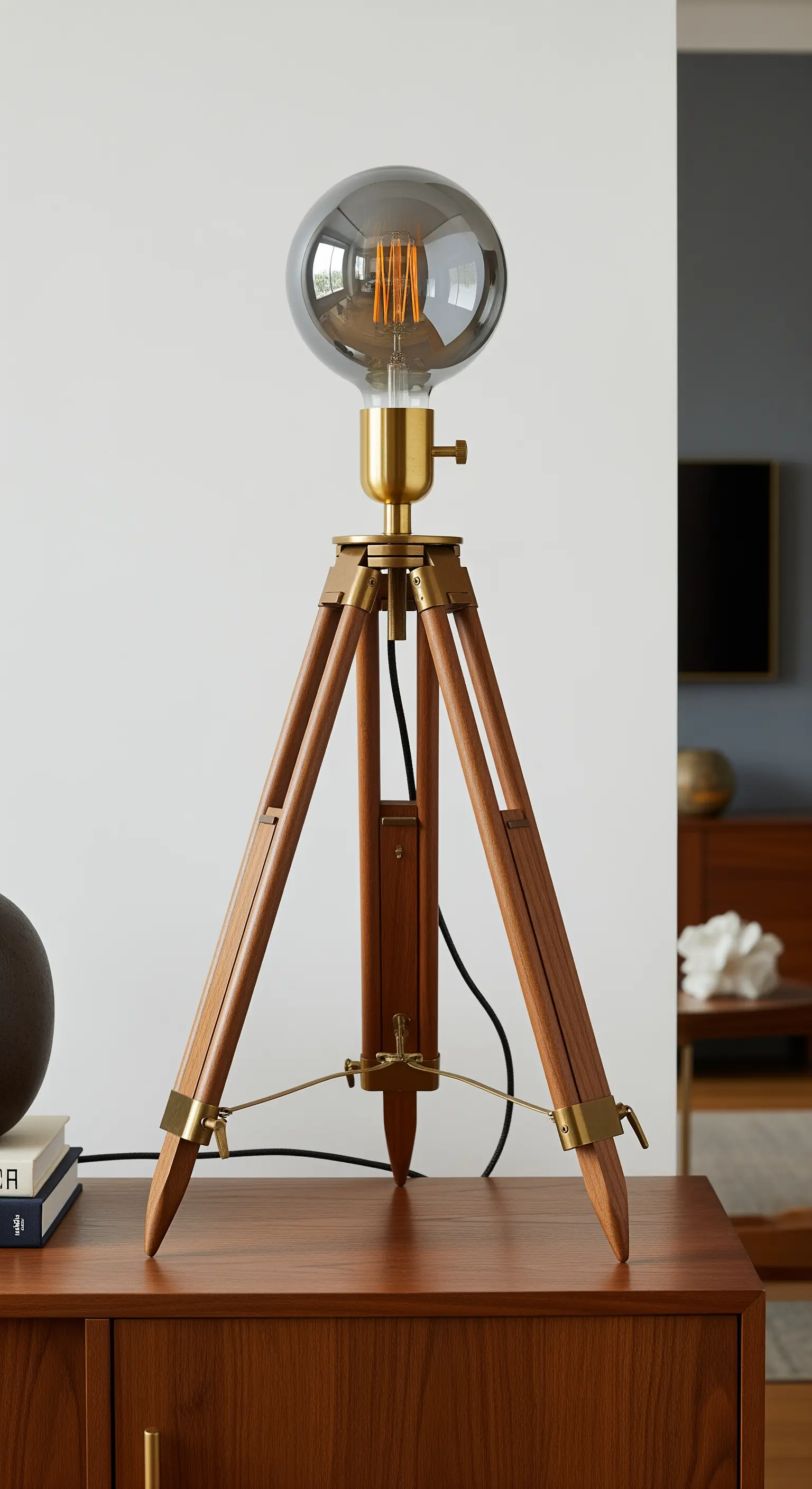 Lampada da tavolo con base a treppiede in legno e ottone e grande lampadina a globo.