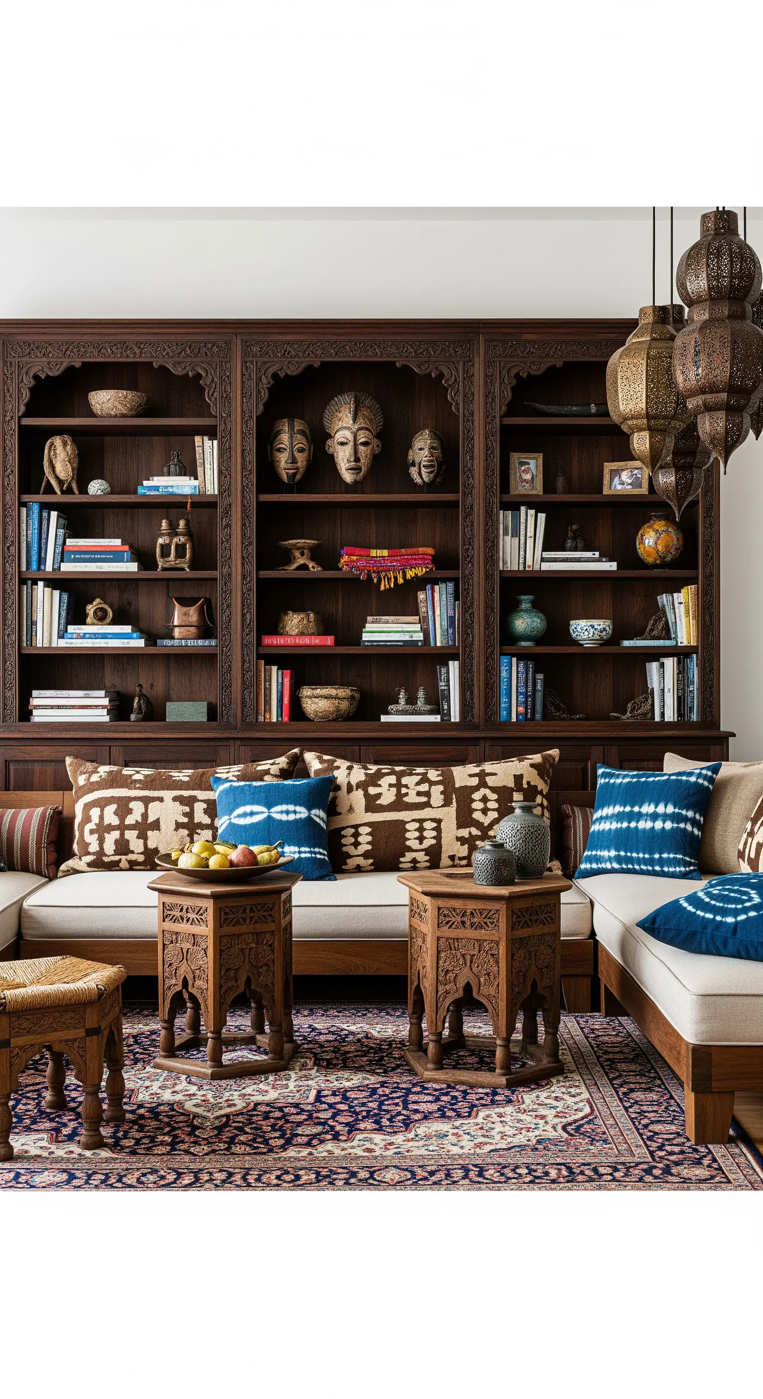 Salotto etnico con libreria in legno scuro intagliato e cuscini con pattern tribali.