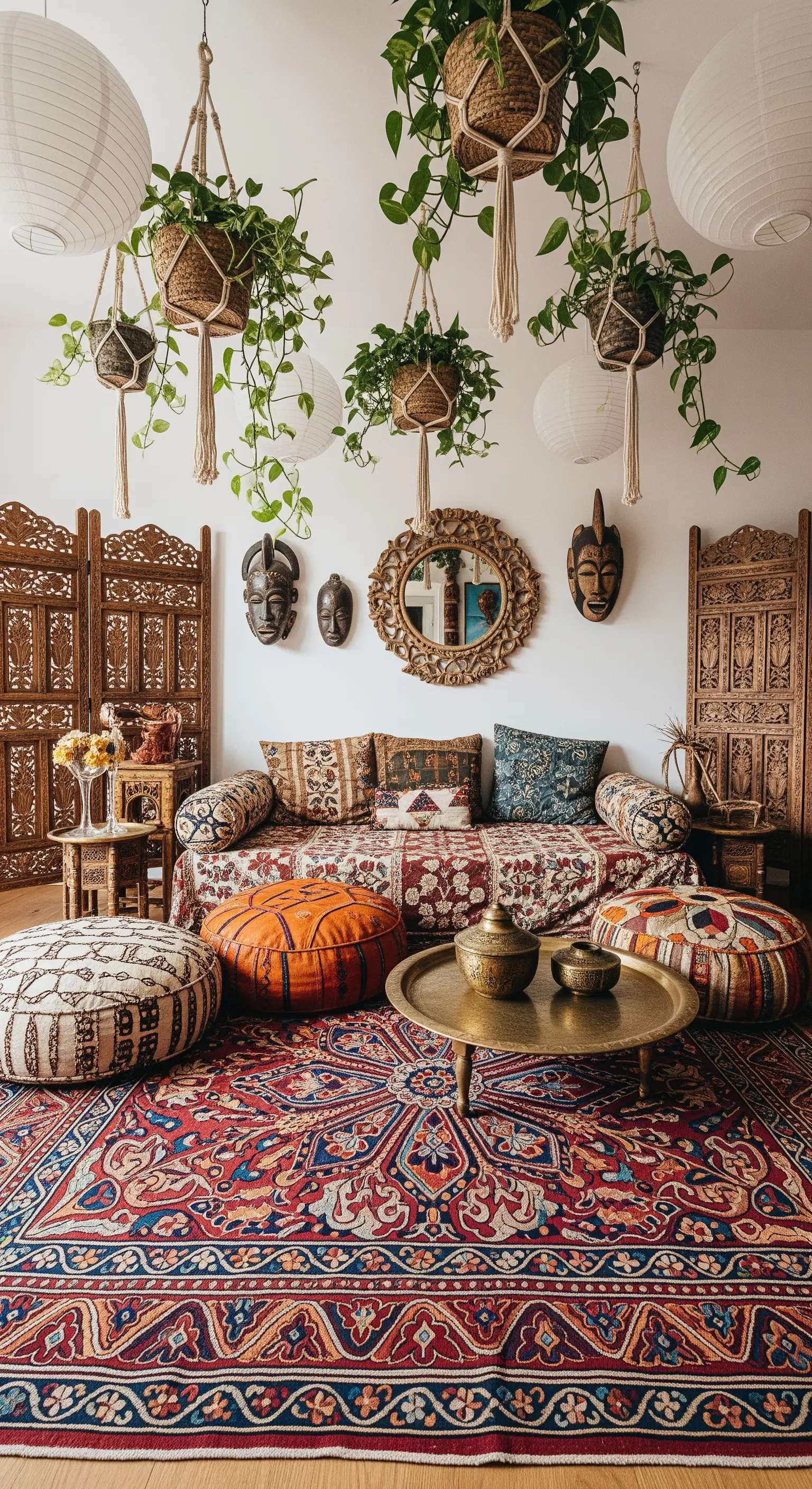 Salotto eclettico con tappeto persiano, maschere africane e numerose piante sospese in cesti di vimini.